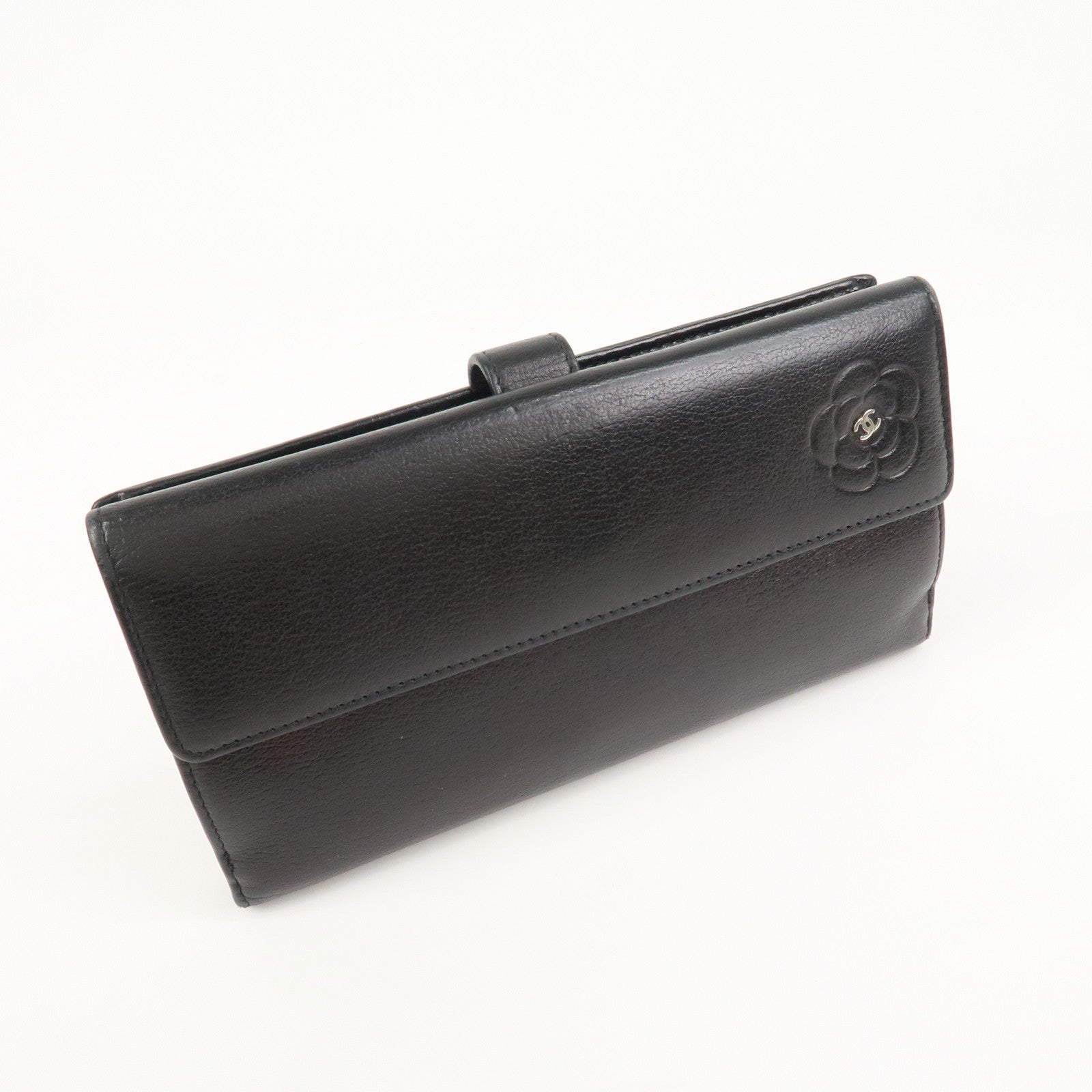 CHANEL Camellia COCO Mark Leather Bi-fold Long Wallet Black