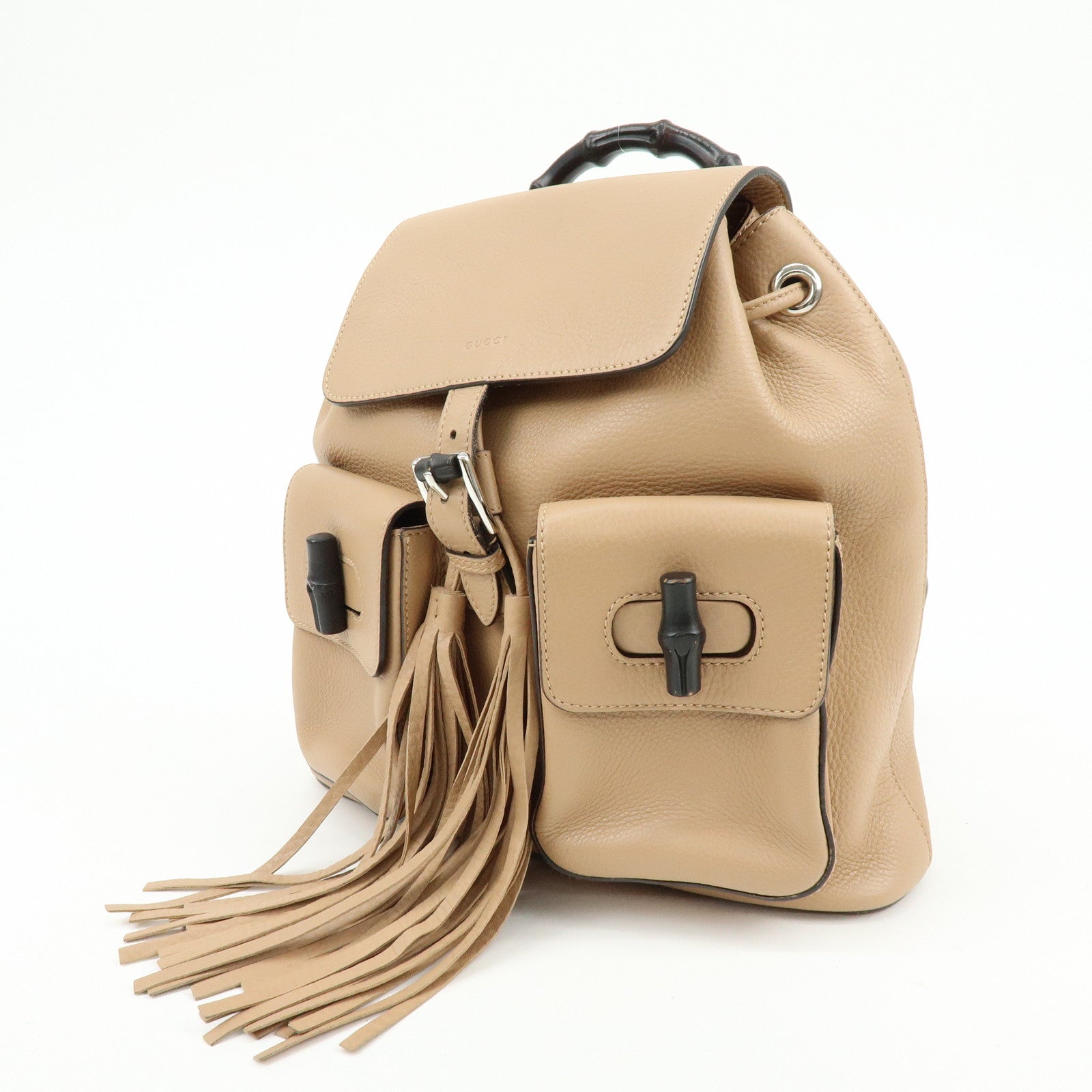 GUCCI Bamboo Leather Tassel Backpack Rucksack Pink Beige 370833