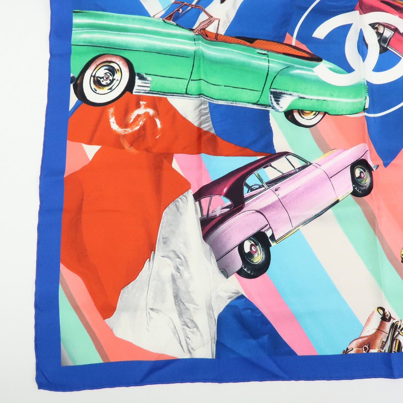 CHANEL Silk 100% Scarf Classic Car Print Blue Pink