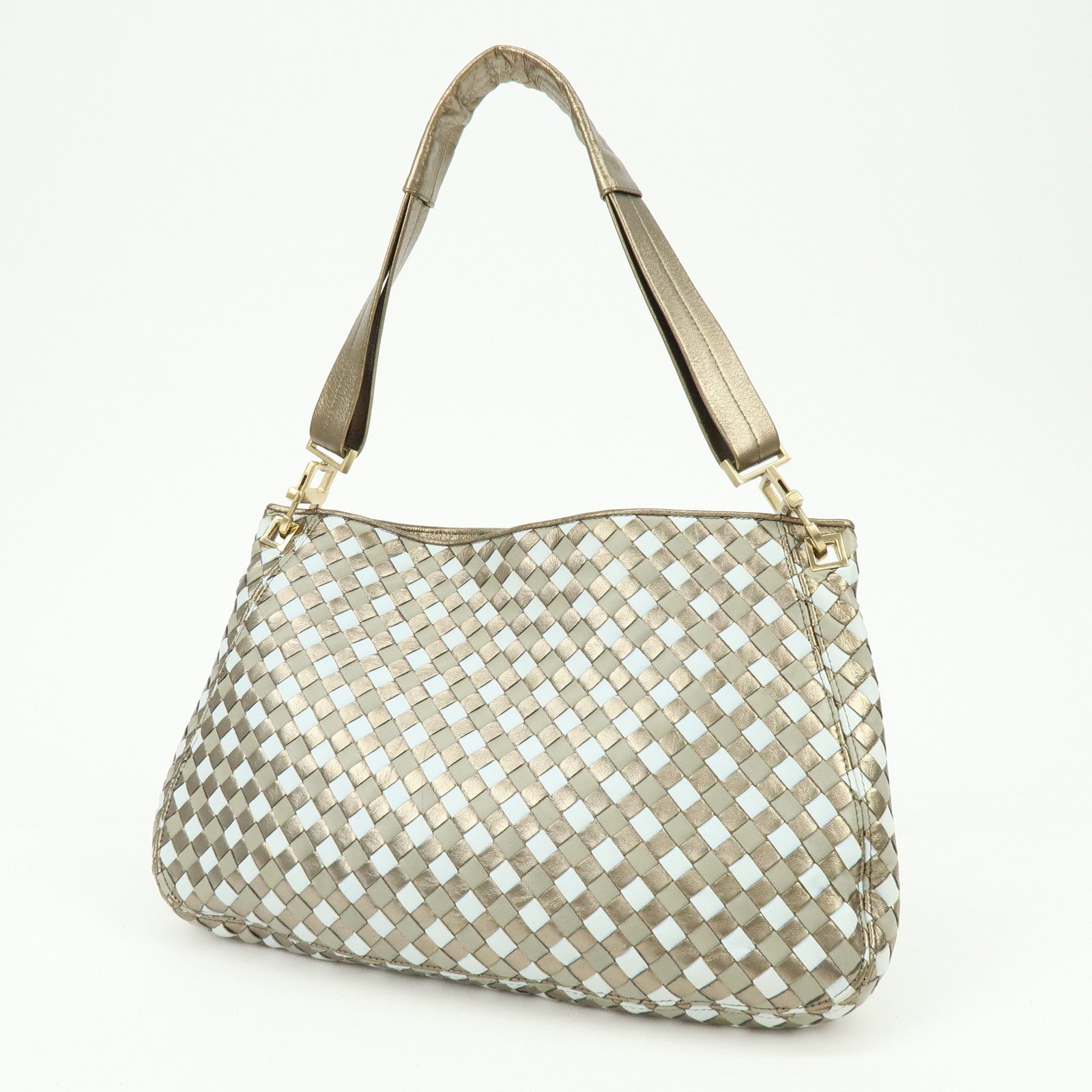 BOTTEGA VENETA Intrecciato Leather Shoulder Bag Gold Blue 101001