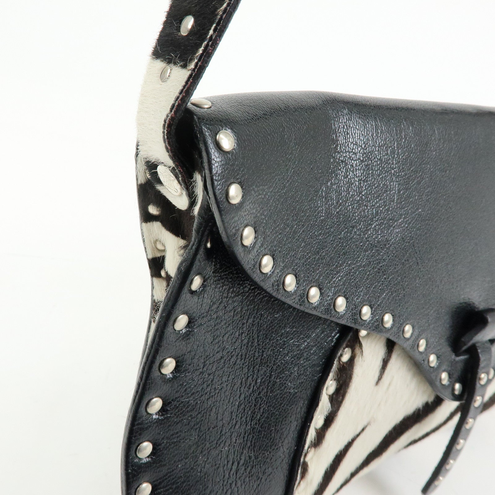 CELINE Haircalf Leather Studs Hand Bag Zebra Print Black White
