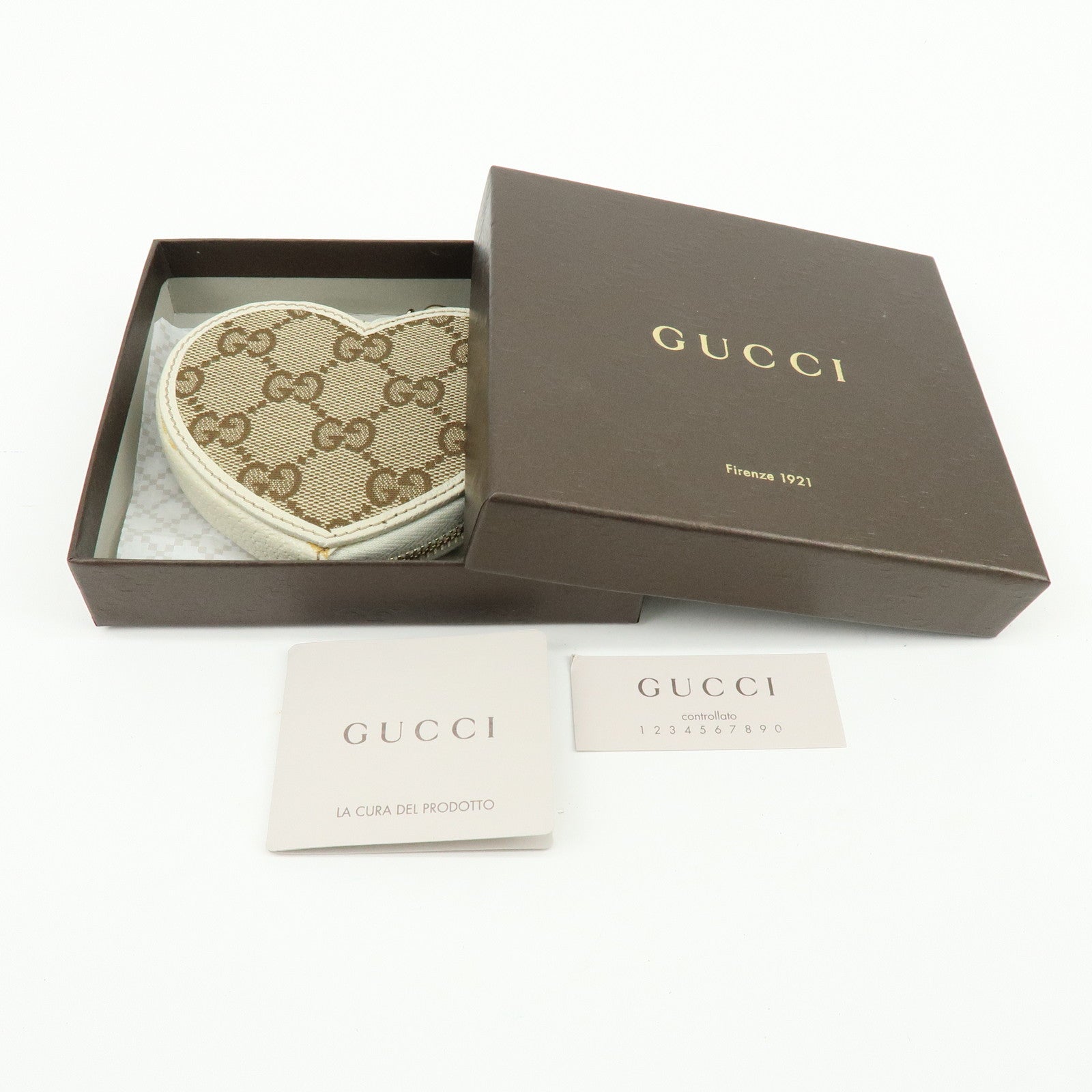 GUCCI Lovely Heart GG Canvas Leather Coin Case Brown Ivory 152615