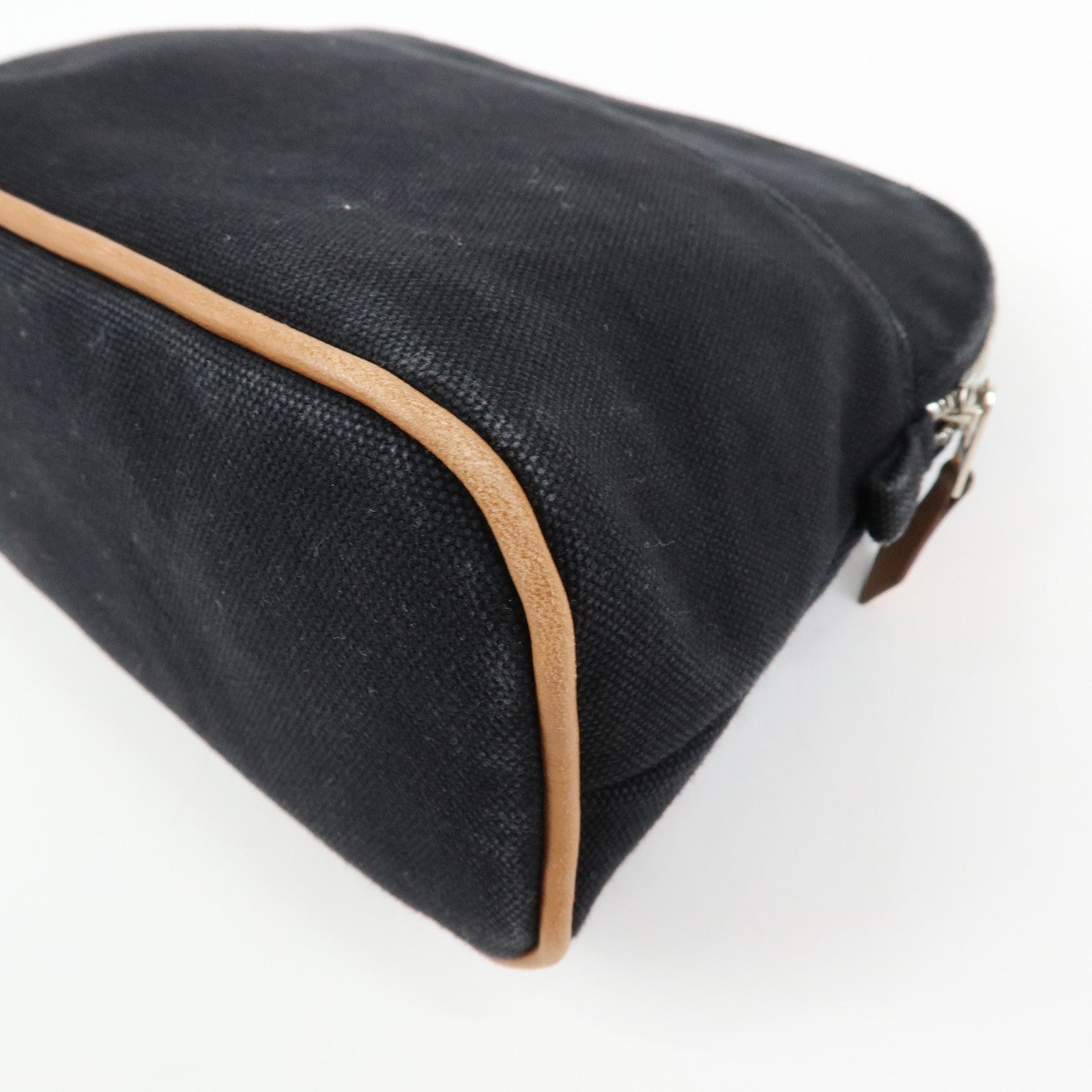 HERMES Bolide MM Cotton Leather Cosmetic Pouch Black Beige
