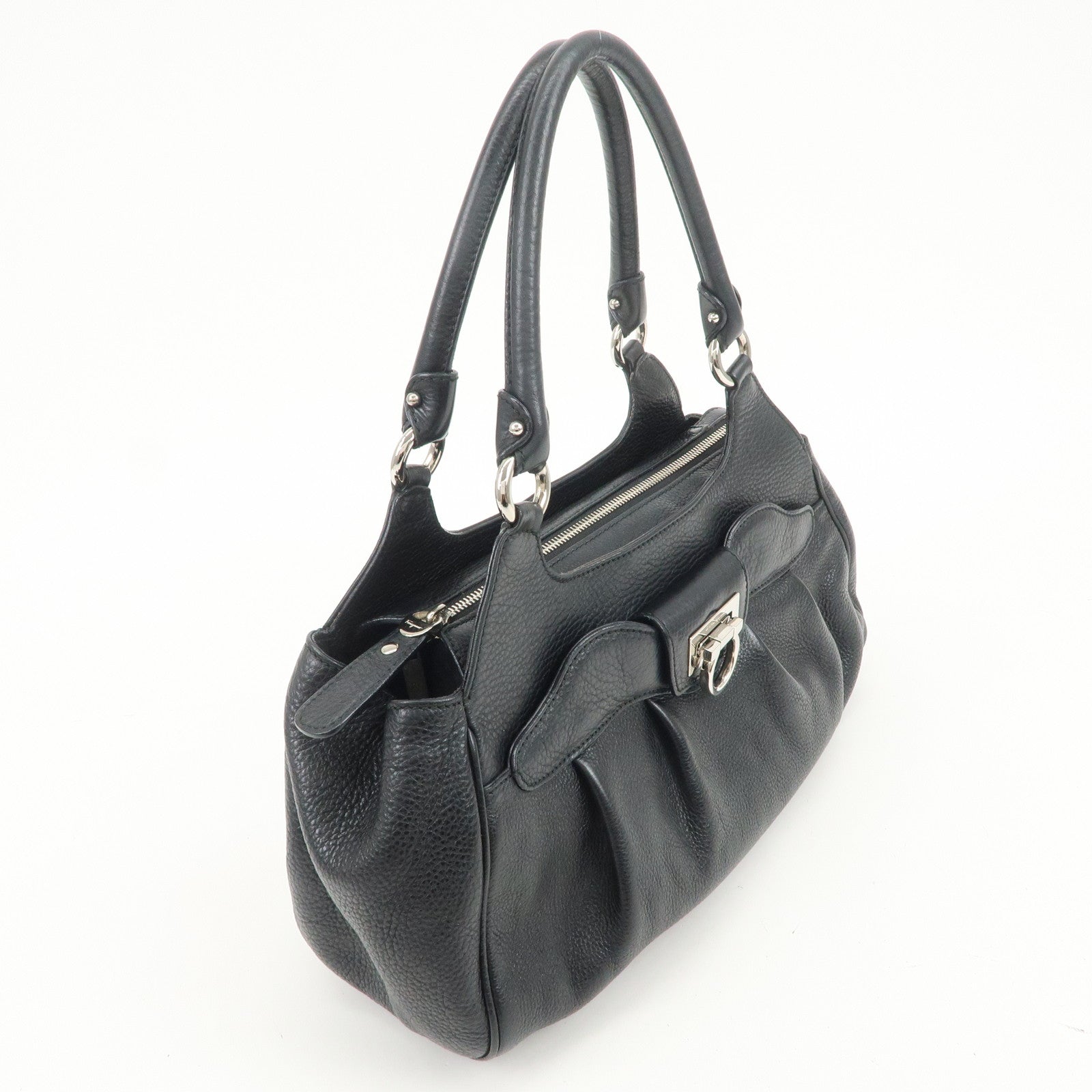 Ferragamo Gancini Leather Hand Bag Shoulder Bag Black Silver