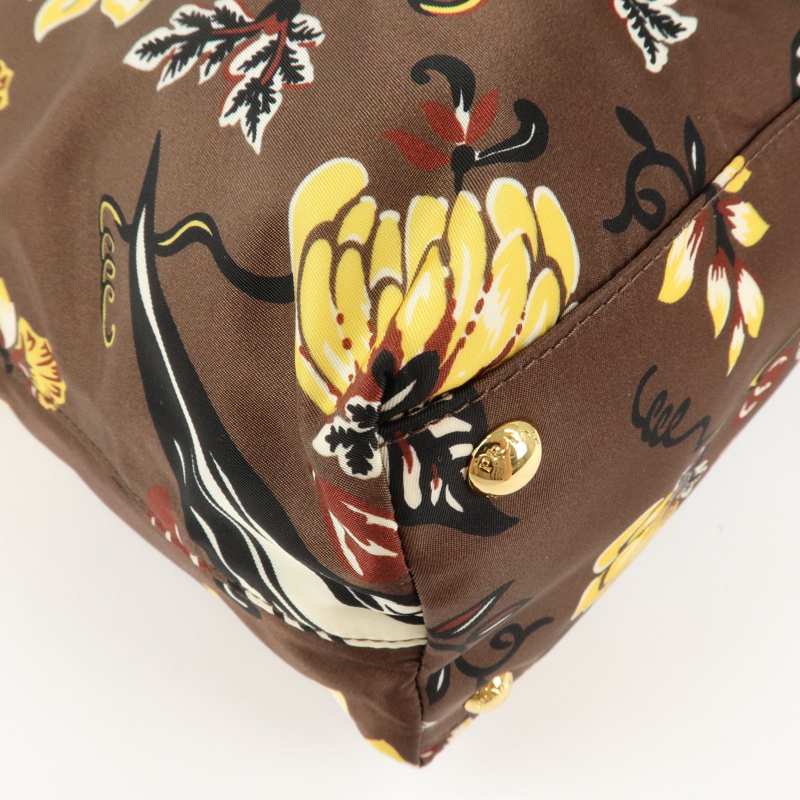 PRADA Triangle Logo Nylon Leather 2Way Bag Shoulder Bag Hand Bag Floral Print Brown Yellow BN2741 Used