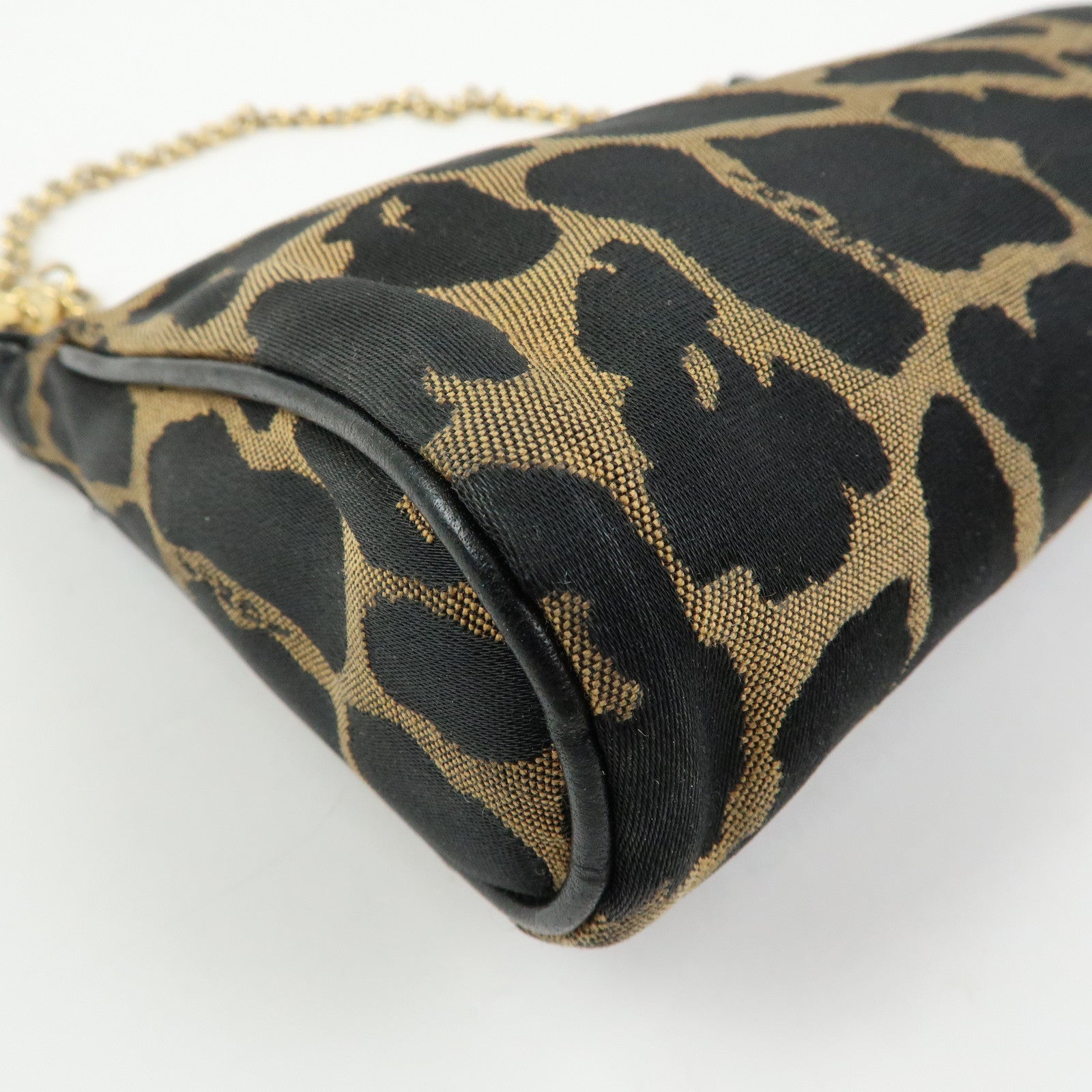 FENDI Canvas Leather Leopard Chain Hand Bag Brown Black 8M0264