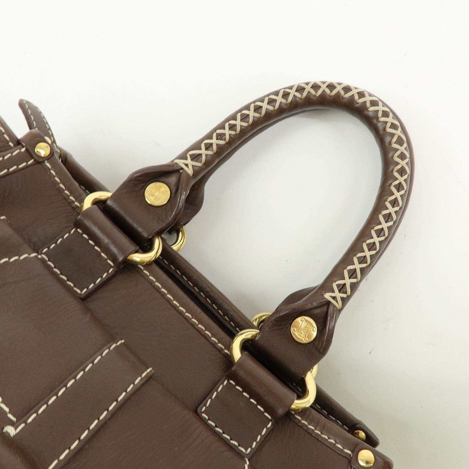 CELINE Logo Leather Hand Bag Mini Boston Bag Dark Brown