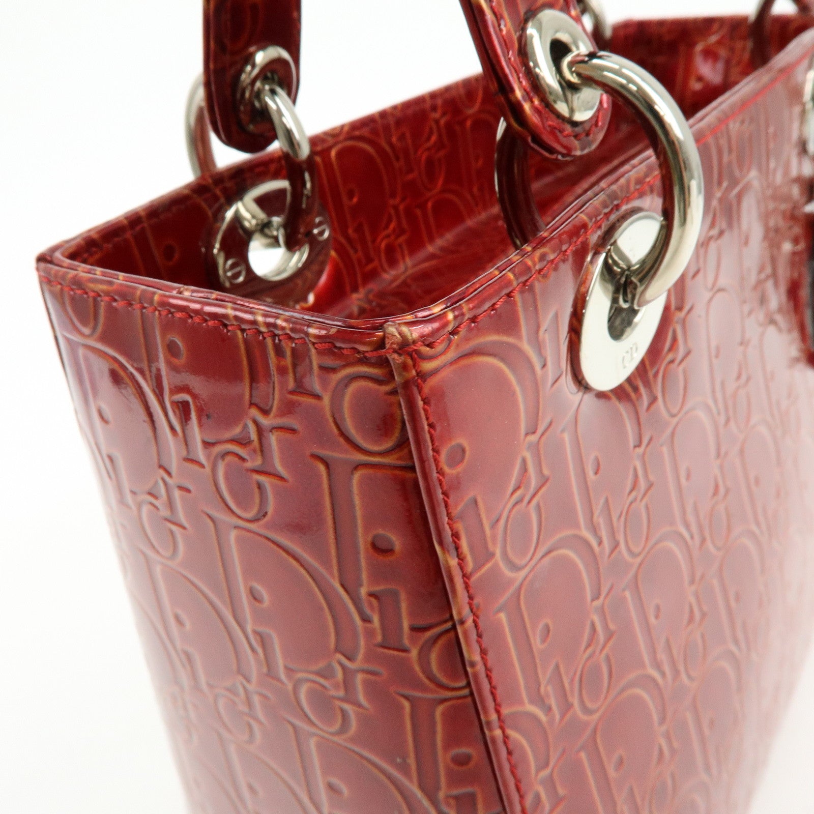 Christian Dior Lady Dior Patent Leather Hand Bag Dior Logo Red