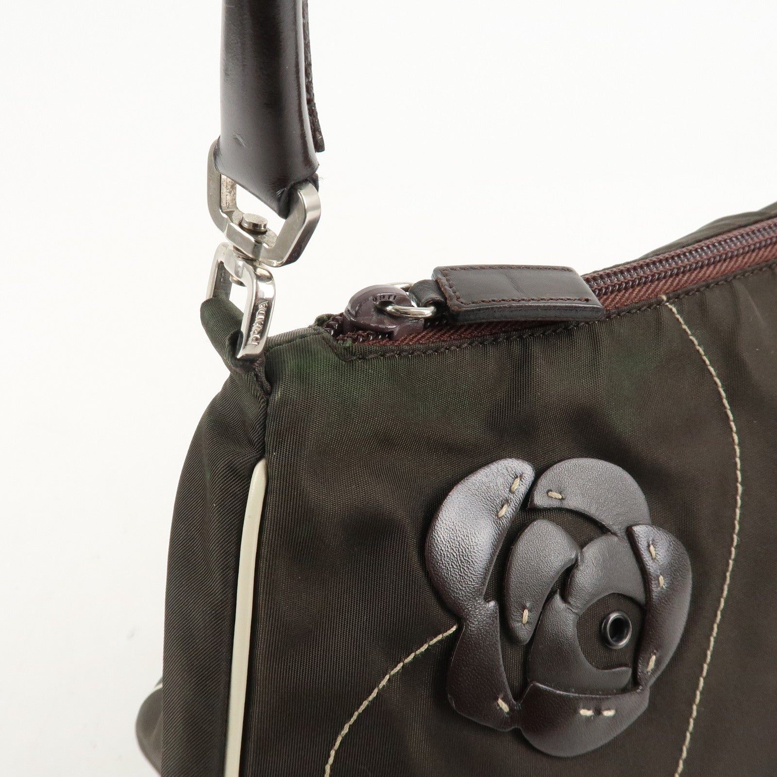 PRADA Nylon Leather Shoulder Bag Flower Motif Green Brown Used