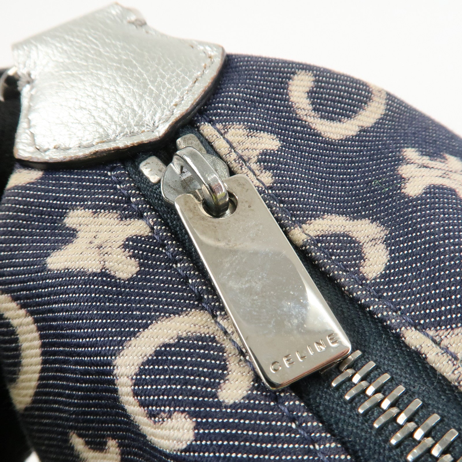 CELINE C Macadam Canvas Leather Shoulder Bag Navy Silver Used