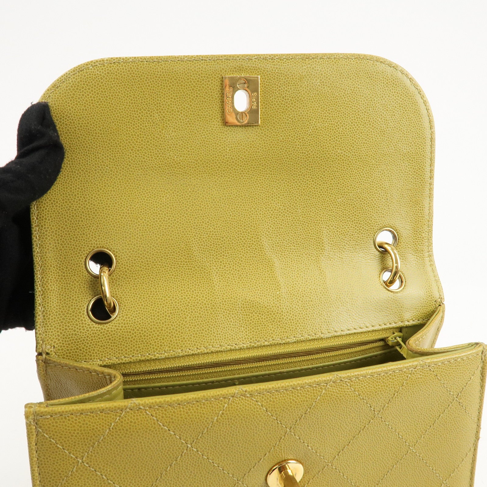 CHANEL Matelasse Caviar Skin Shoulder Bag Yellow Used