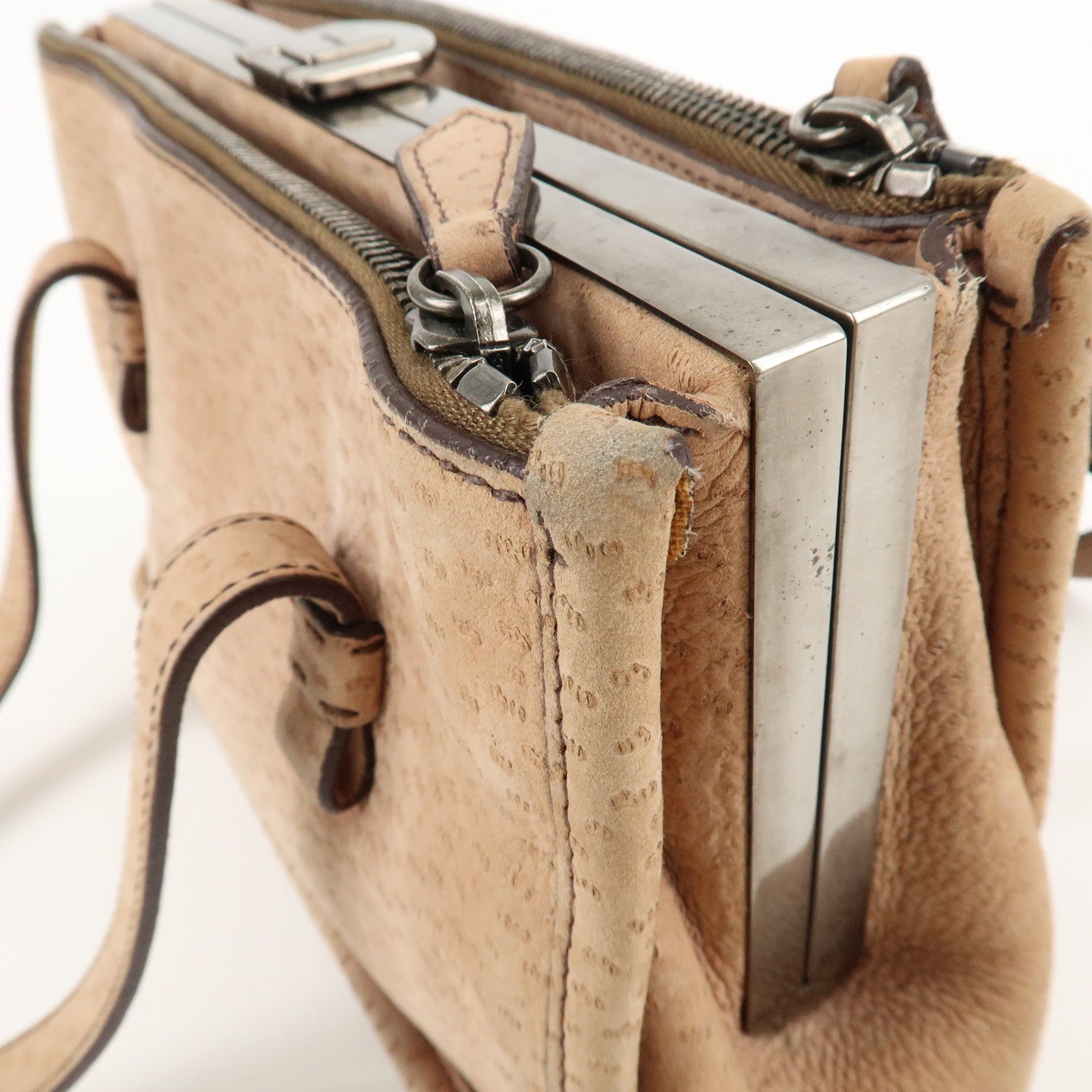 PRADA Logo Suede Clasp Tote Bag Hand Bag Beige BR1935 F/S Used