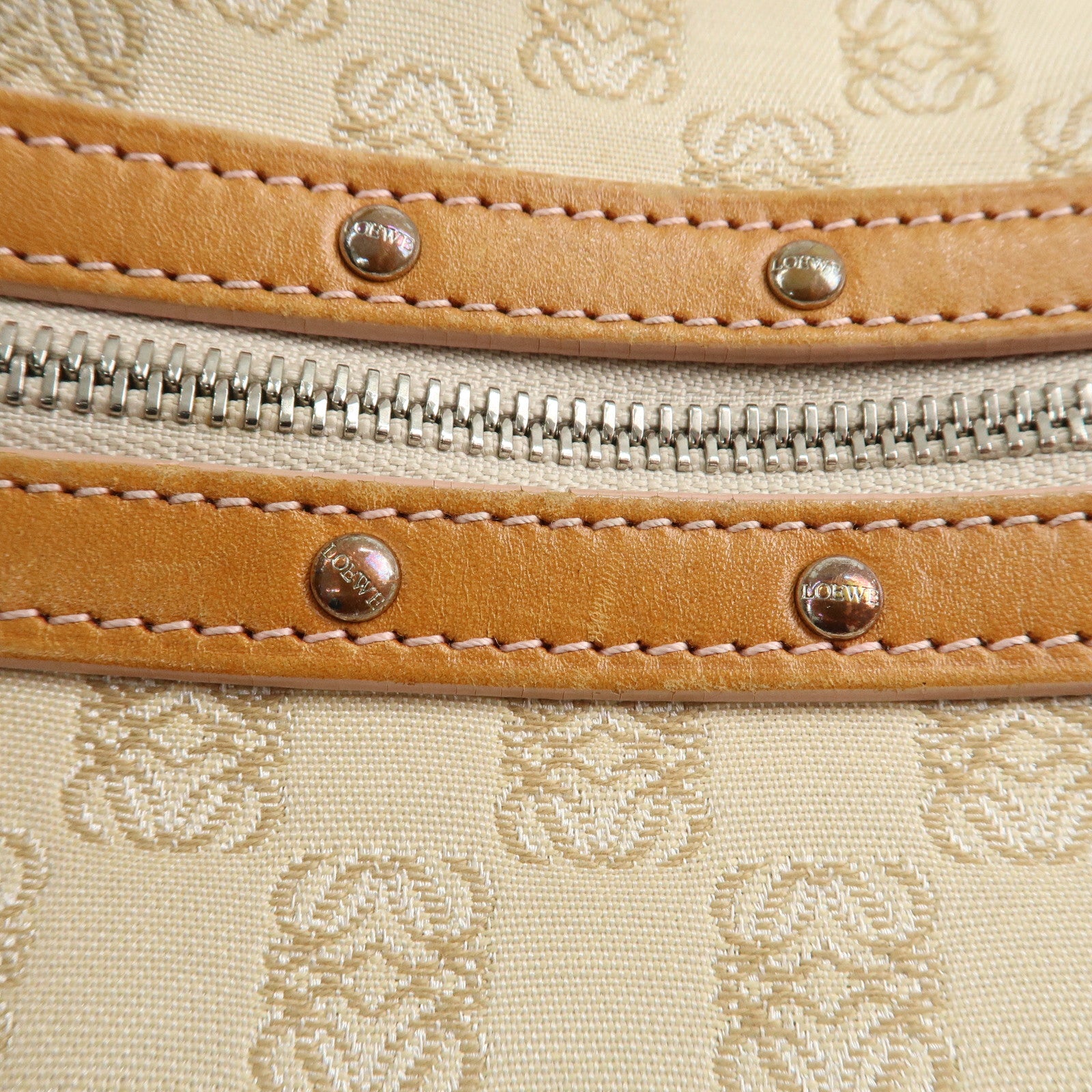 LOEWE Anagram Canvas Leather Shoulder Bag Boston Bag Beige Brown Used