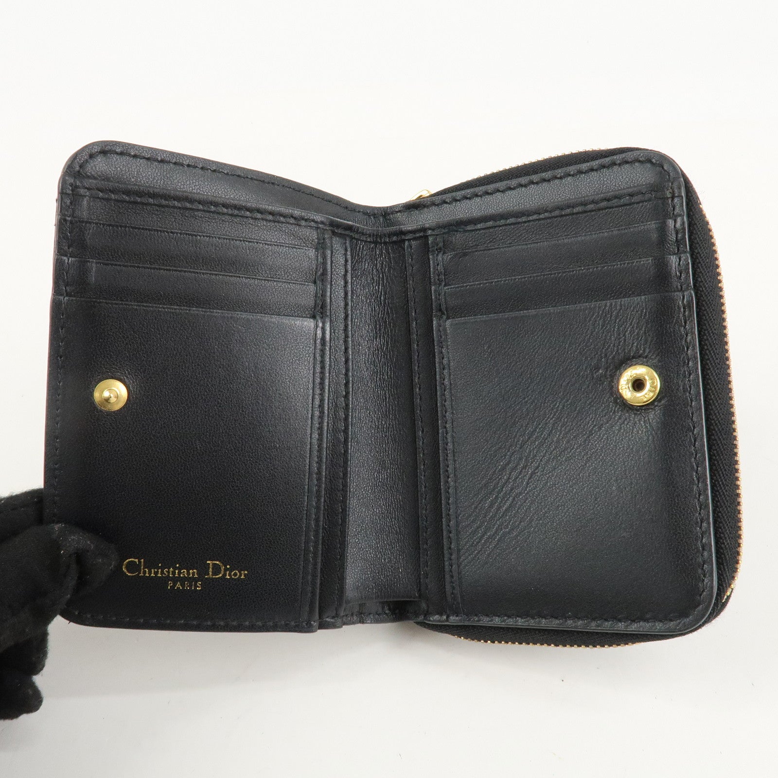Christian Dior Cannage Leather Bi-fold Wallet Black Gold HDW Used