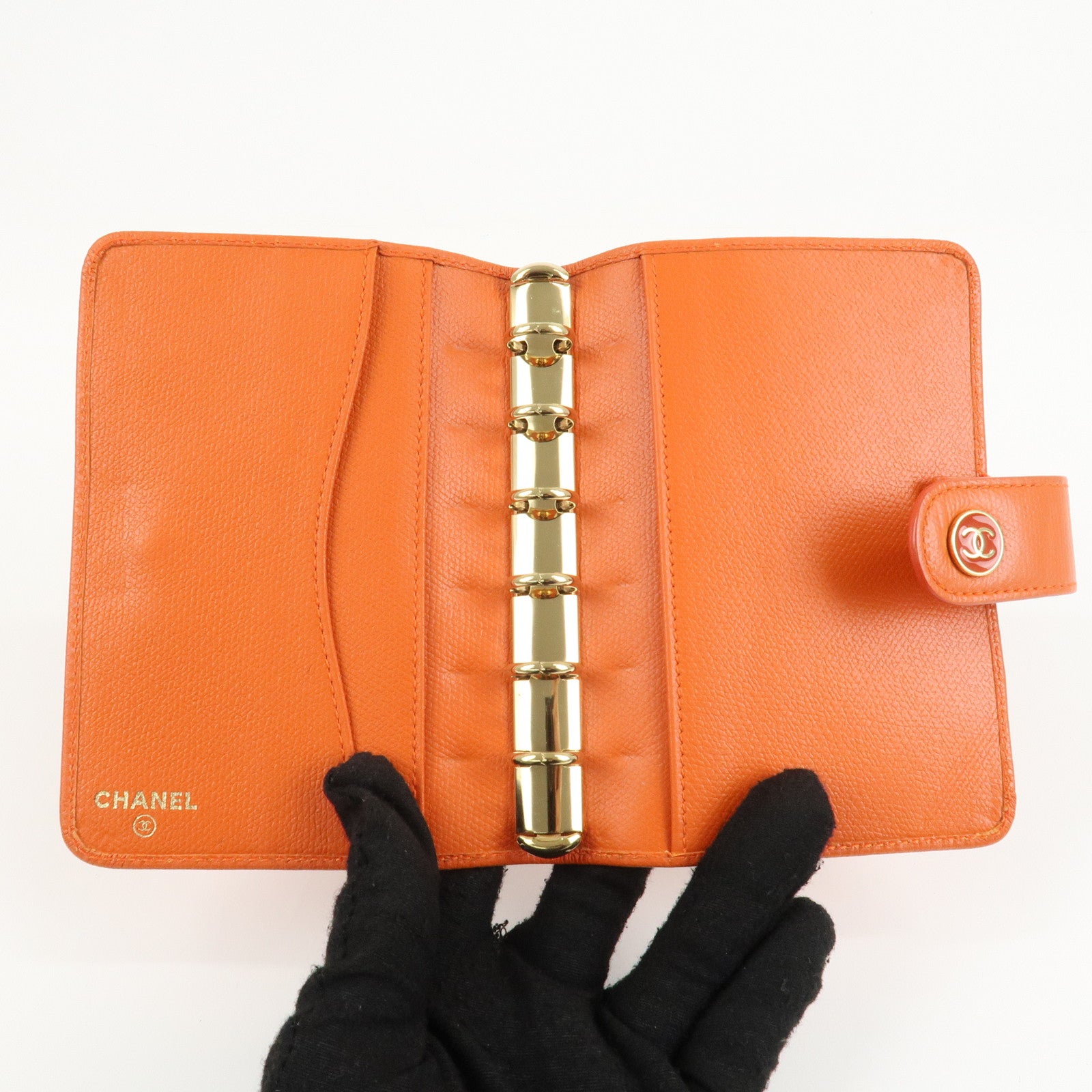 CHANEL Leather Planner Cover Orange Gold Hardware Used