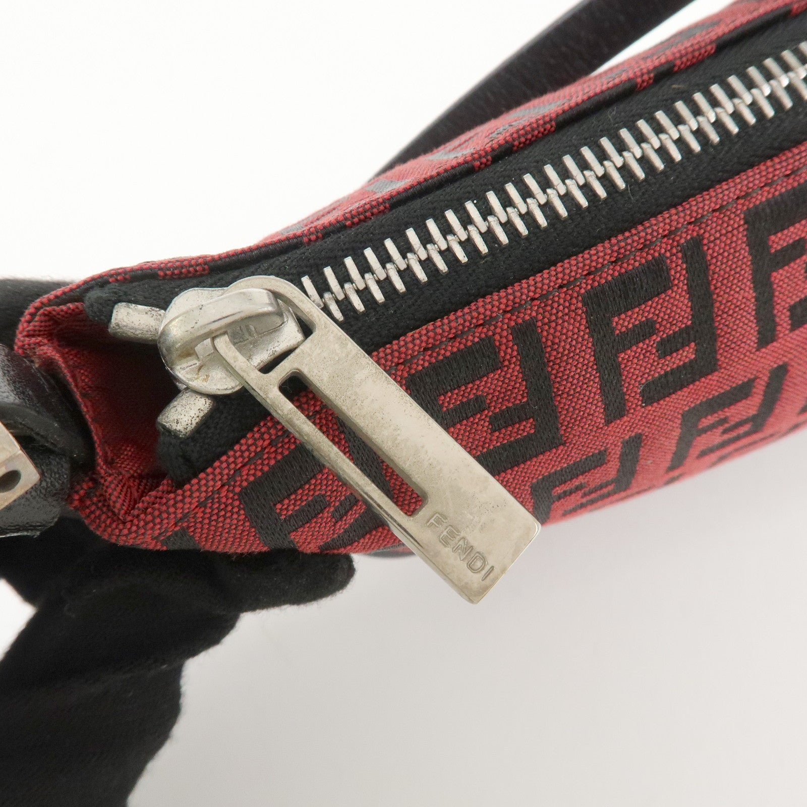 FENDI Zucchino Canvas Leather Accessory Pouch Hand Bag Black Red Used