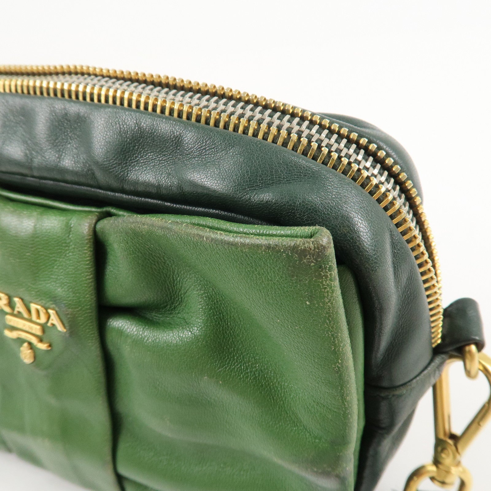 PRADA Logo Leather Ribbon Shoulder Bag Green BP0166 Used