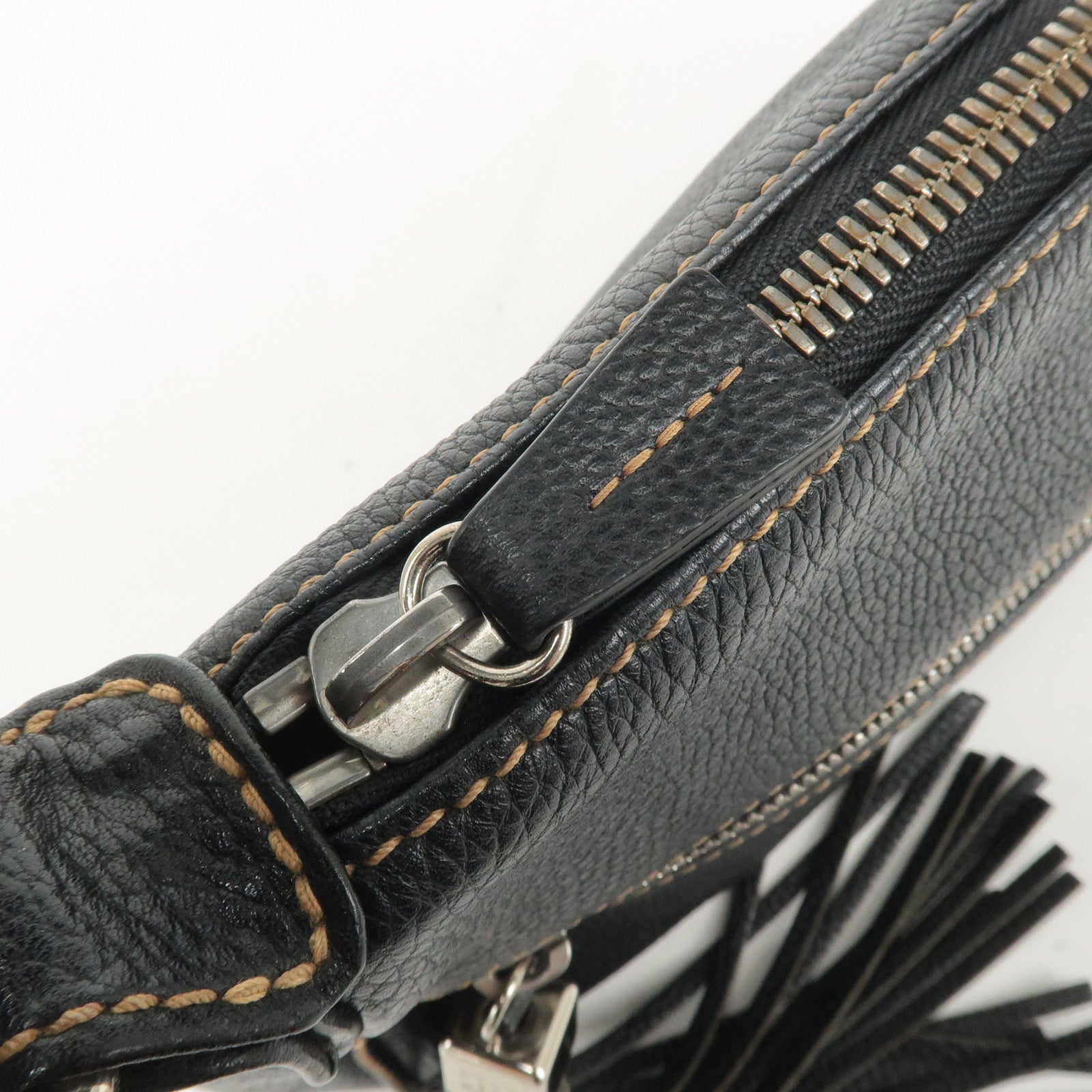 CHANEL Leather Shoulder Bag Black Silver Used