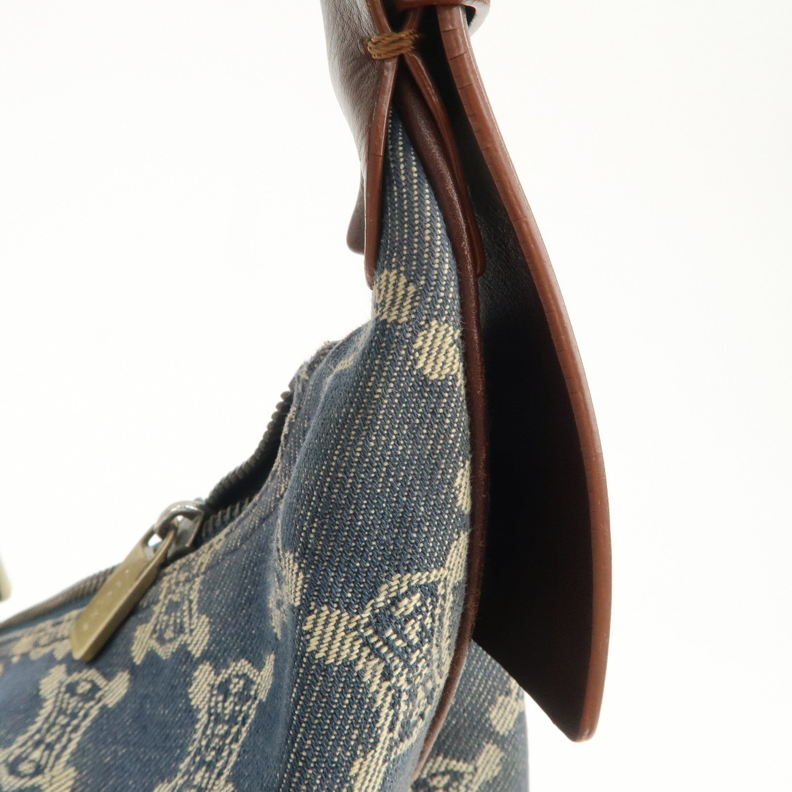 CELINE Macadam Canvas Leather Shoulder Bag Blue Brown Used