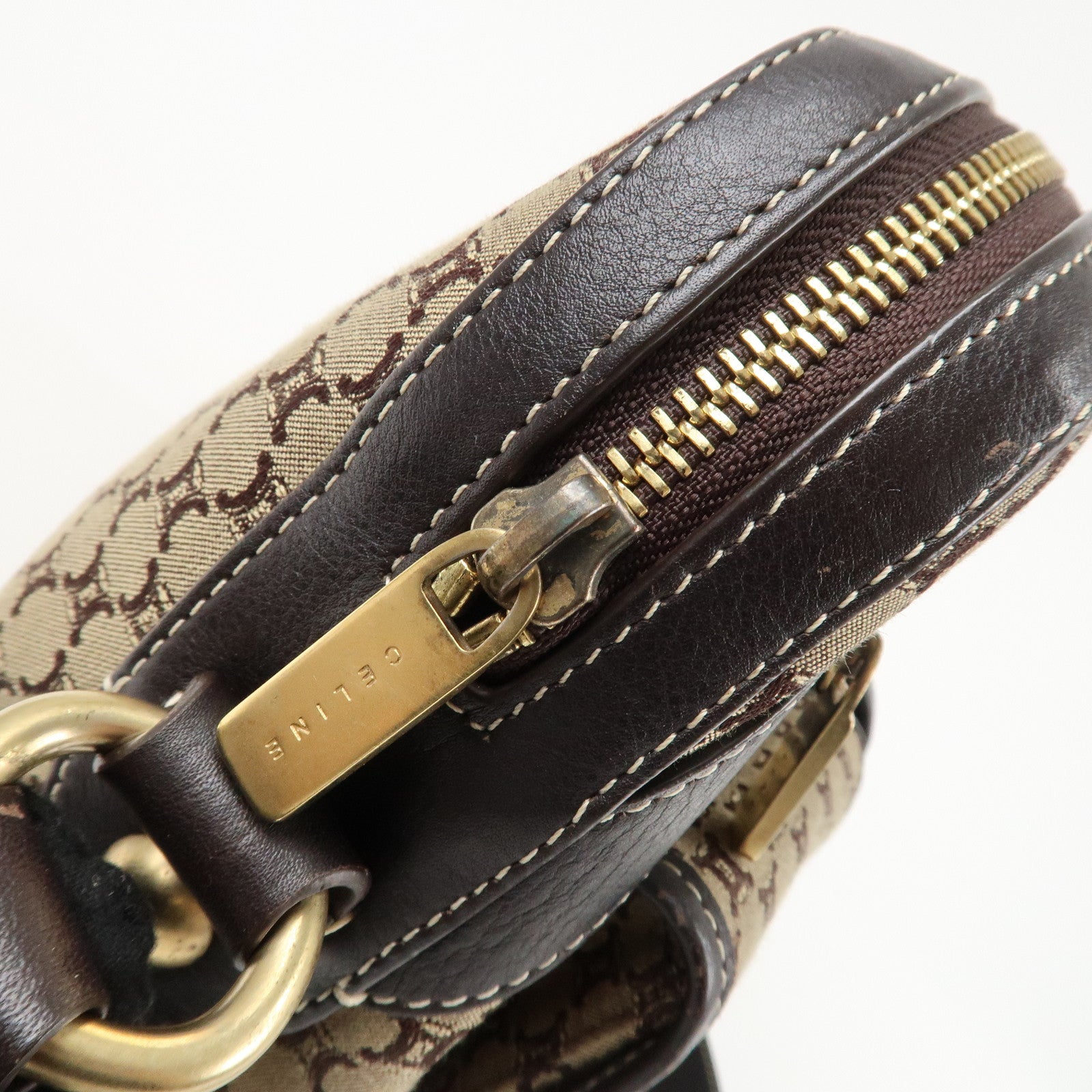 CELINE Macadam Canvas Leather Shoulder Crossbody Bag Beige Brown Used