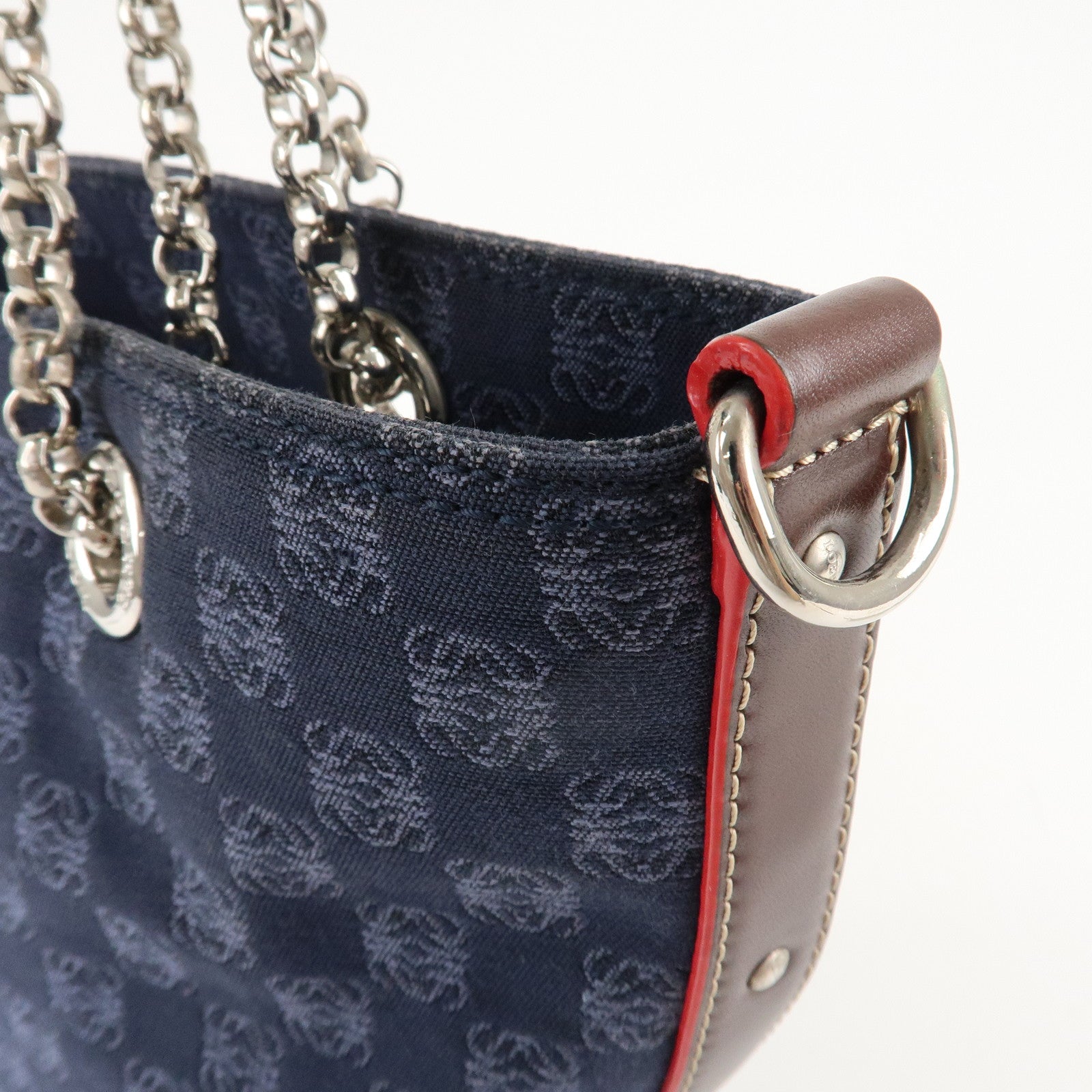 LOEWE Anagram Canvas Leather Chain Tote Bag Shoulder Bag Blue Used