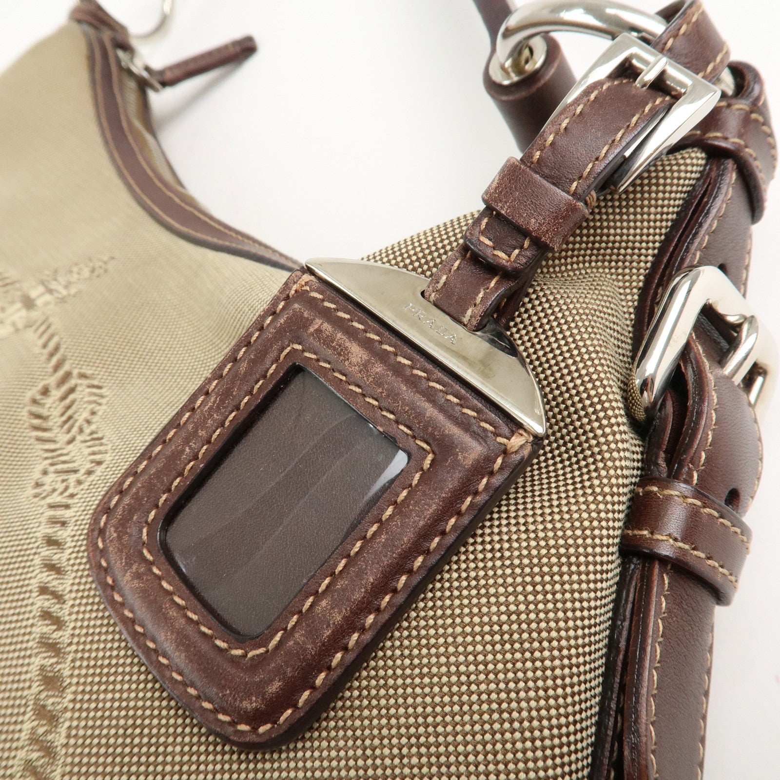 PRADA Logo Jacquard Leather Shoulder Bag Beige Brown Used