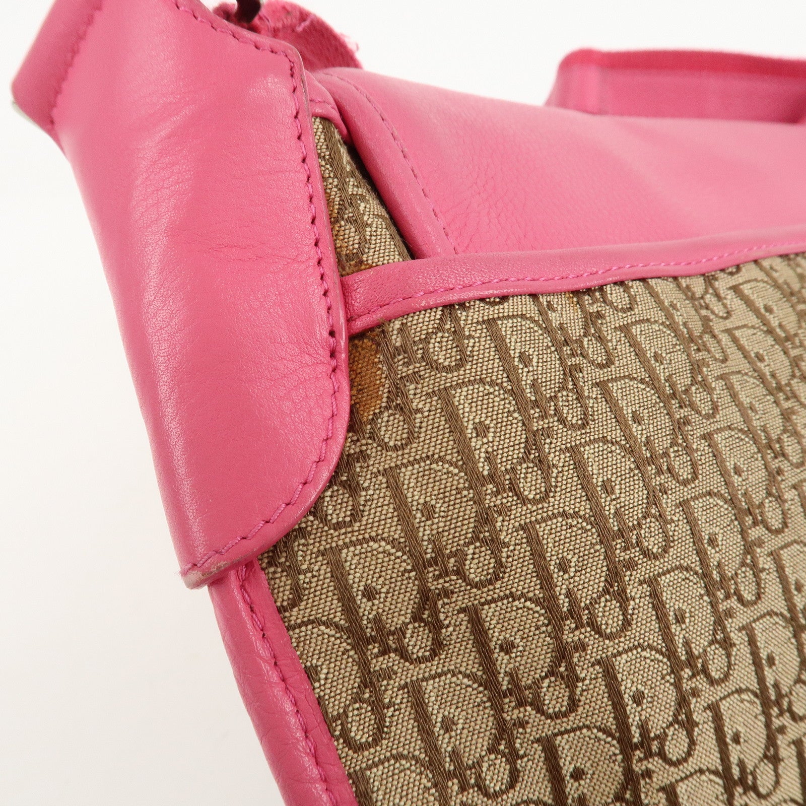 Christian Dior Trotter Canvas Leather Shoulder Bag Beige Pink Used