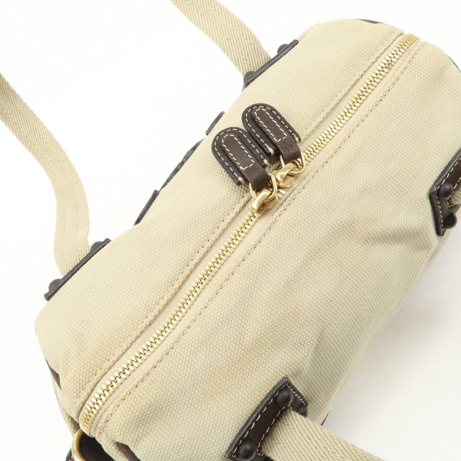 LOEWE Anagram Canvas Leather Mini Boston Bag Ivory Dark Brown Used