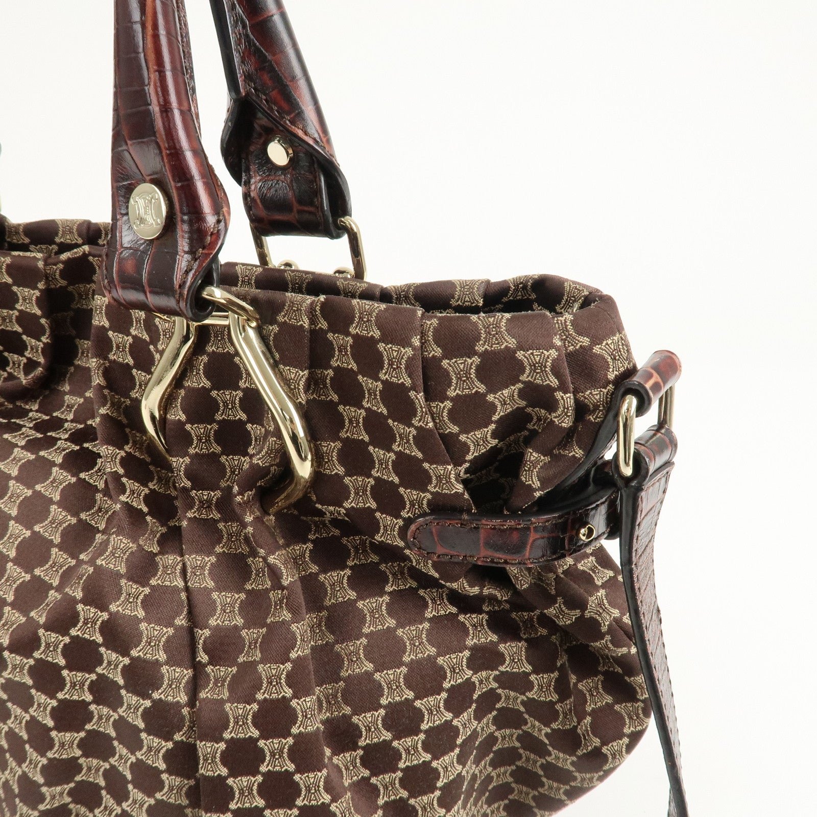 CELINE Macadam Canvas Leather 2Way Shoulder Bag Brown Used