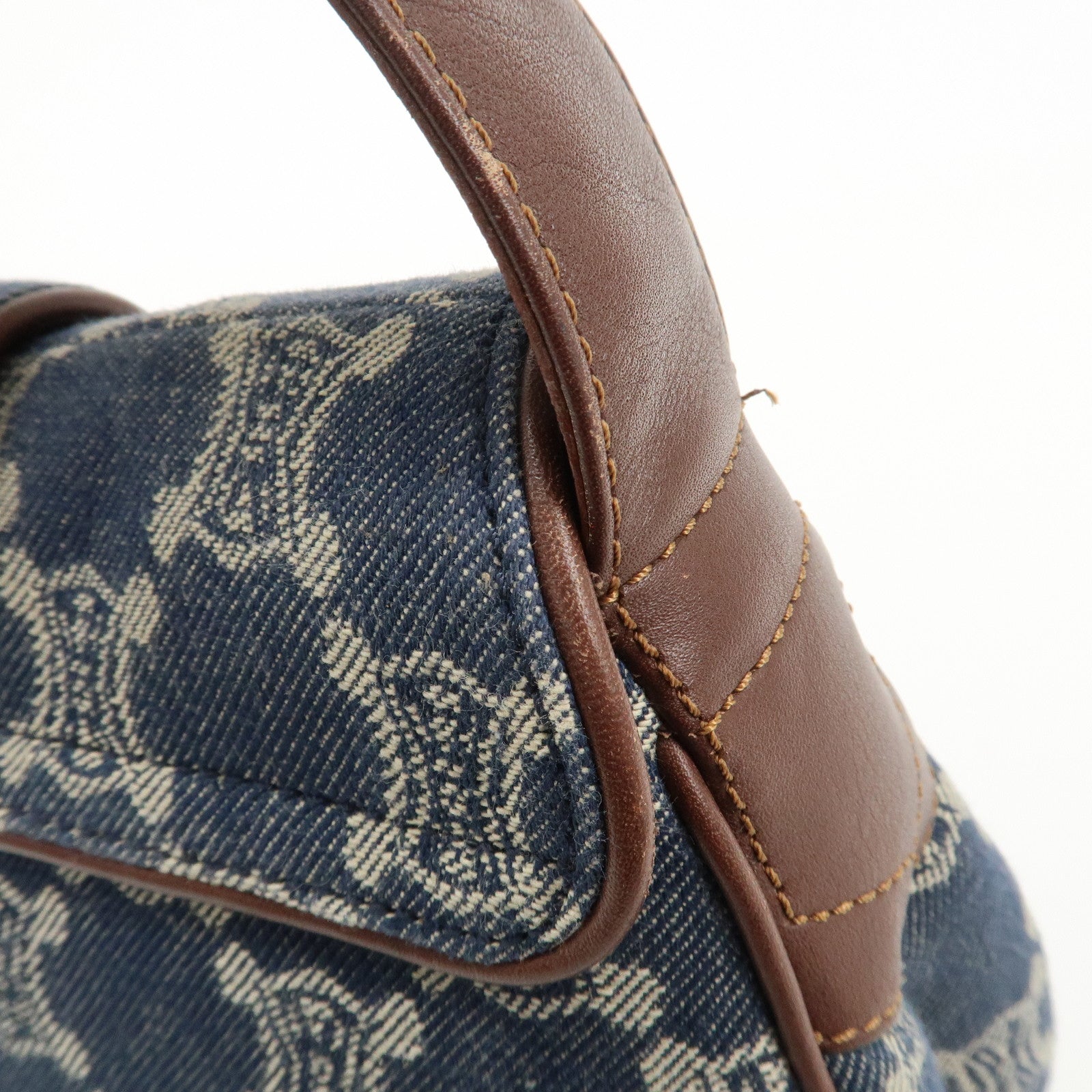 CELINE Macadam Denim Leather Shoulder Bag Blue Brown Used