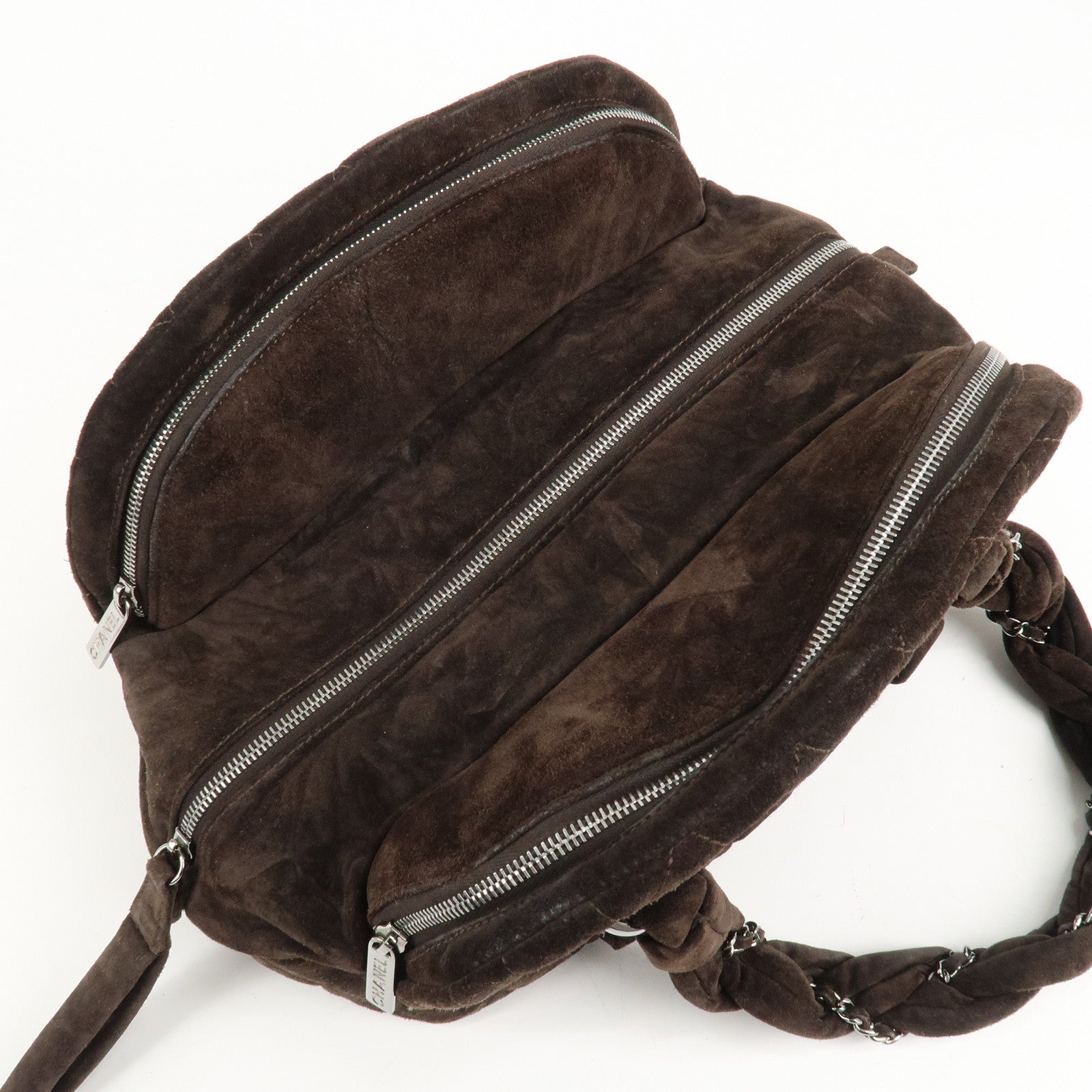 CHANEL Matelasse Suede Boston Bag Brown Silver Hardware Used