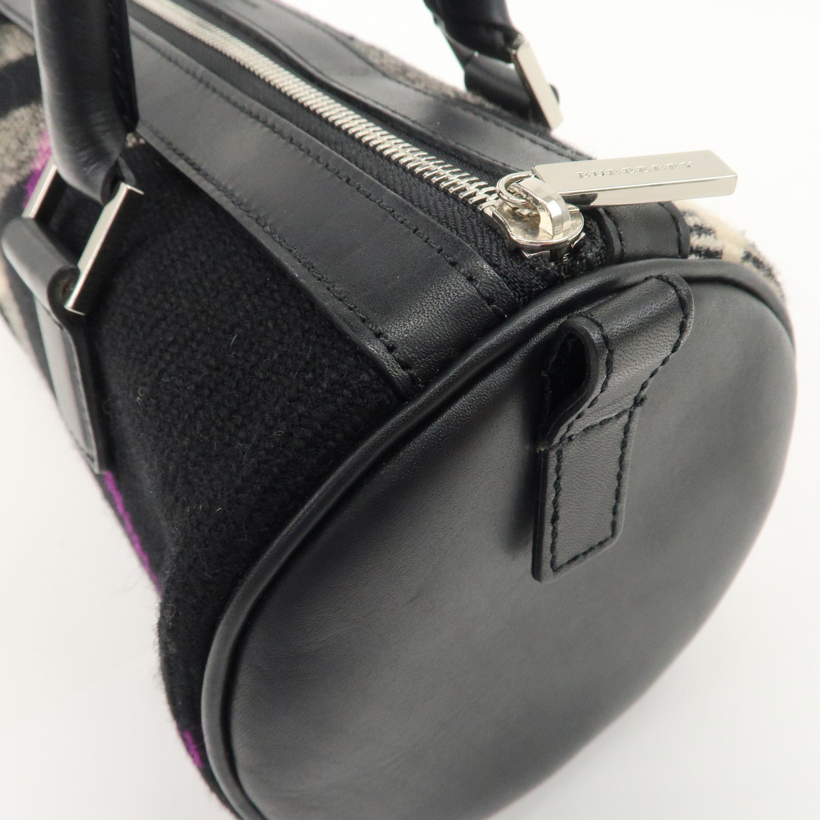 BURBERRY Wool Leather Boston Bag Hand Bag Black Beige Purple Used