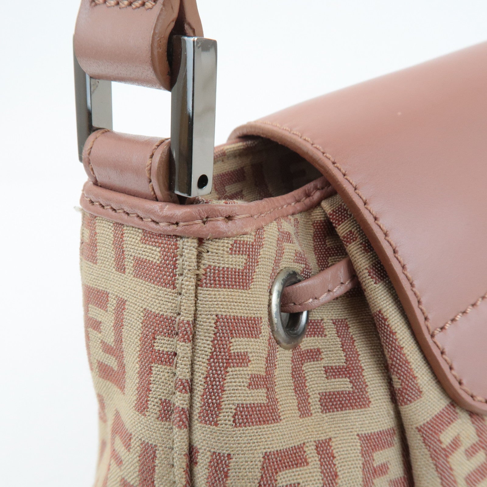 FENDI Zucchino Canvas Leather Shoulder Bag Beige Pink 8BR282 Used