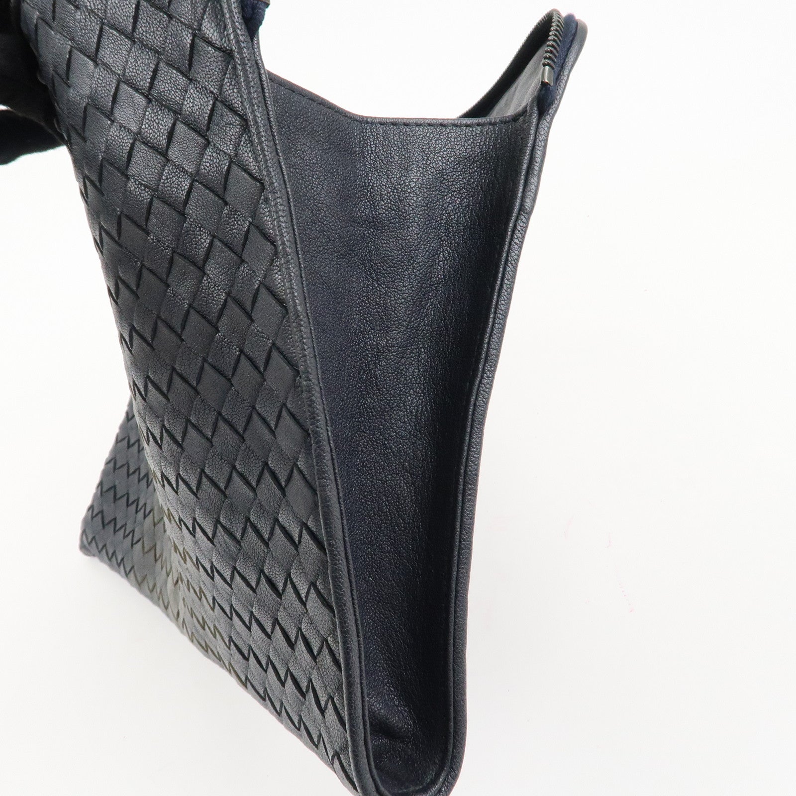 BOTTEGA VENETA Leather Clutch Bag Navy Gray Beige Used