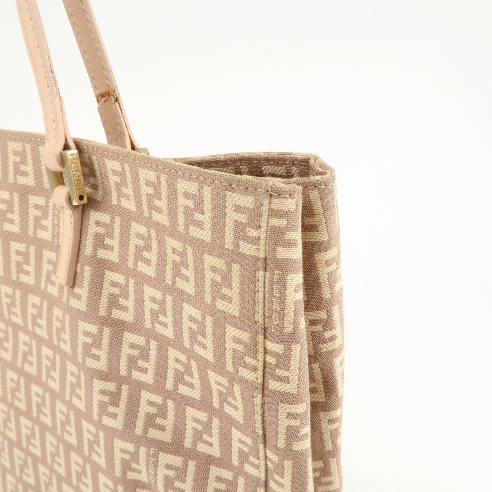 FENDI Zucchino Canvas Leather Tote Bag Pink Beige 8BH133 Used