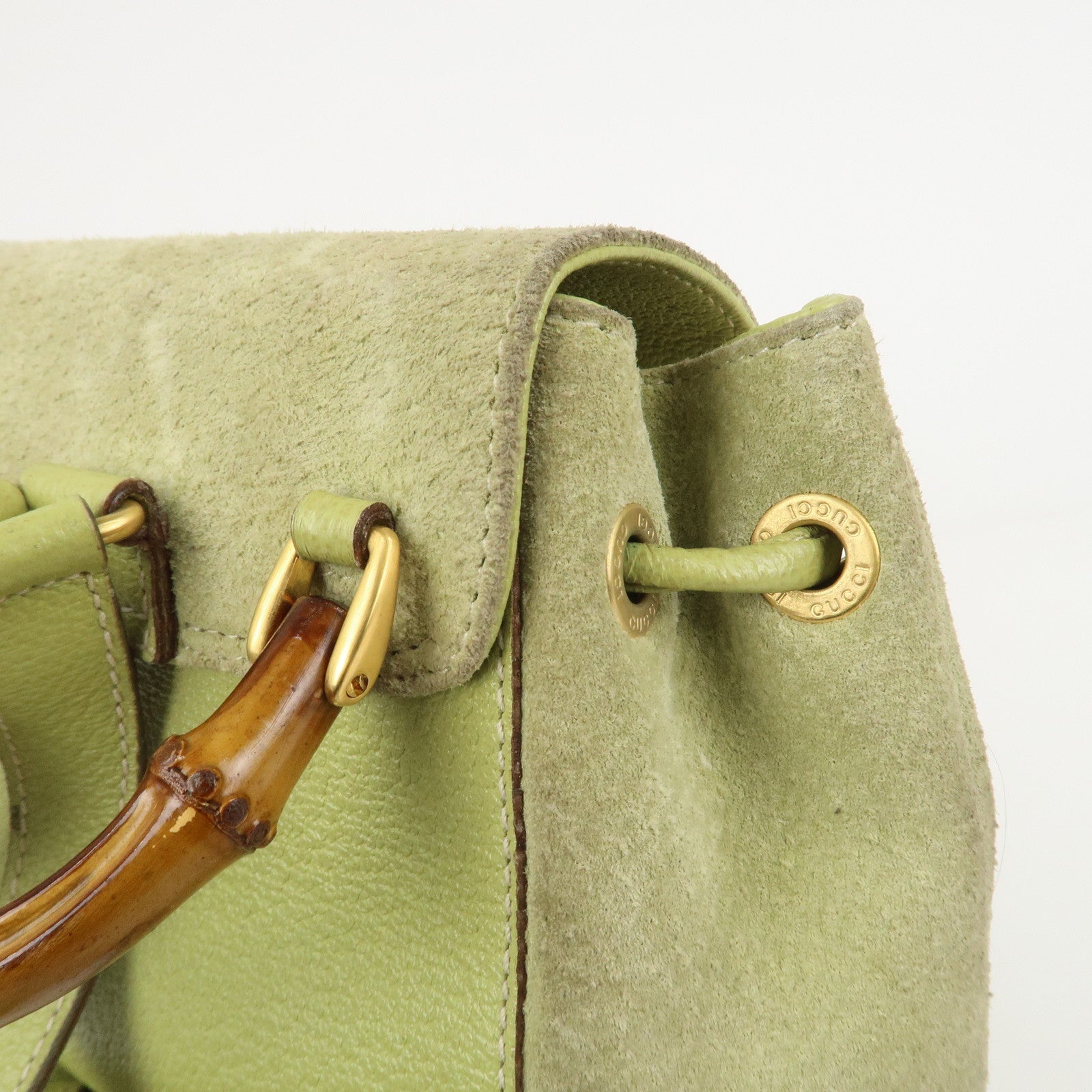 GUCCI Bamboo Suede Leather Backpack Light Green 003.1956.0030 Used
