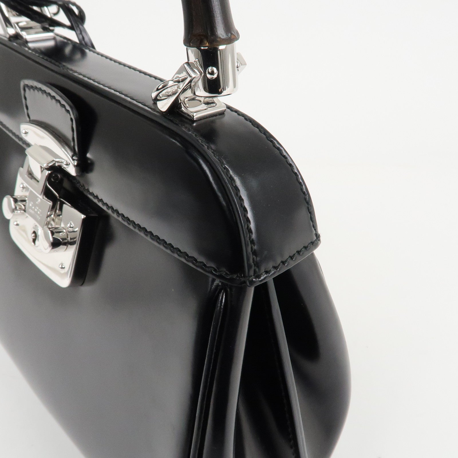 GUCCI Bamboo Leather 2Way Bag Hand Bag Black Handbag 353522 Used