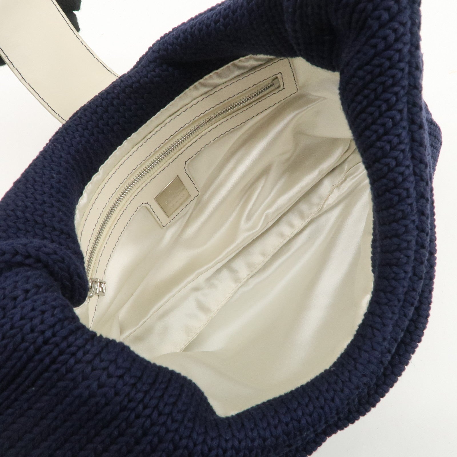 FENDI Wool Leather Shoulder Bag Navy White 26569 Used