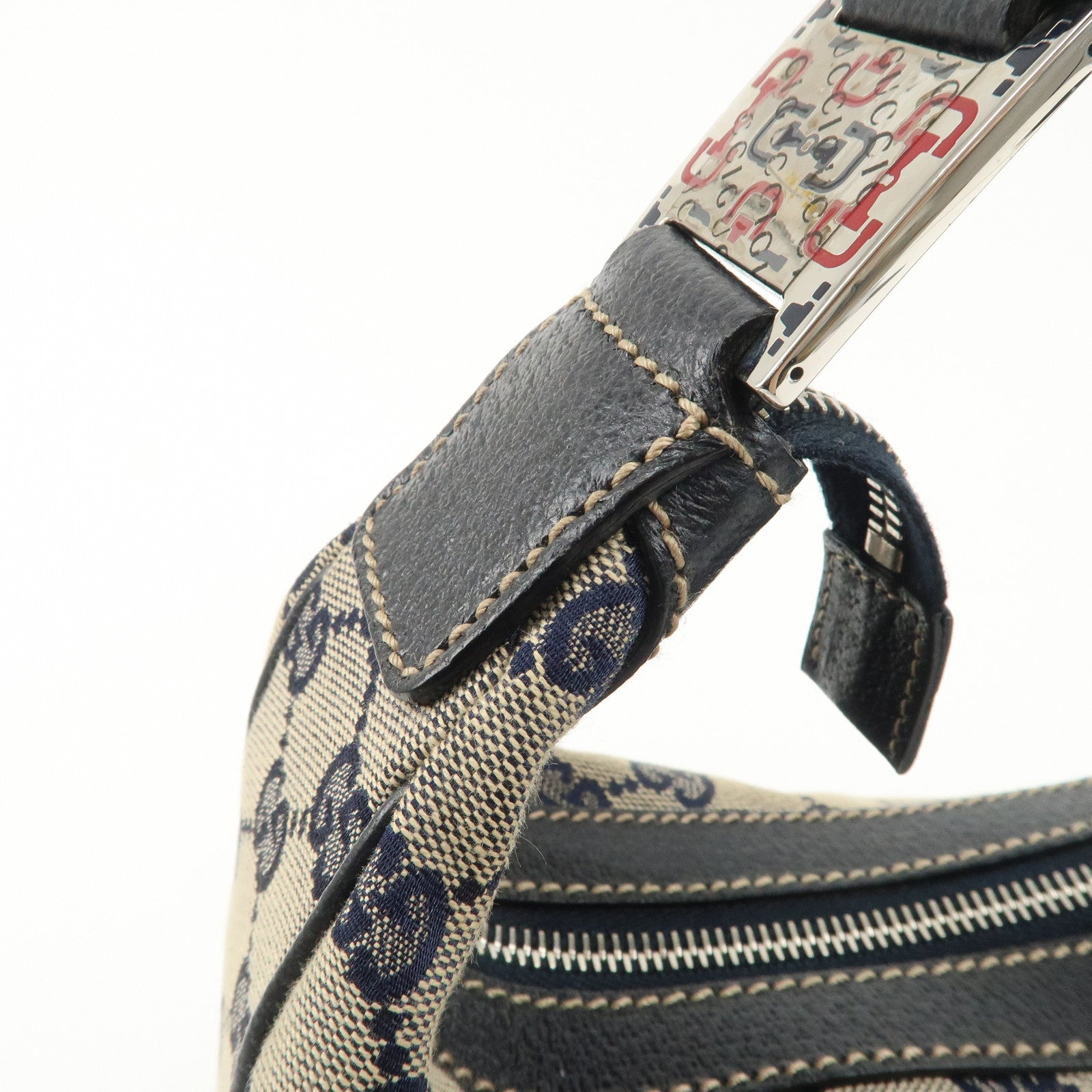 GUCCI Sherry GG Canvas Leather Shoulder Bag Beige Navy 145757 Used