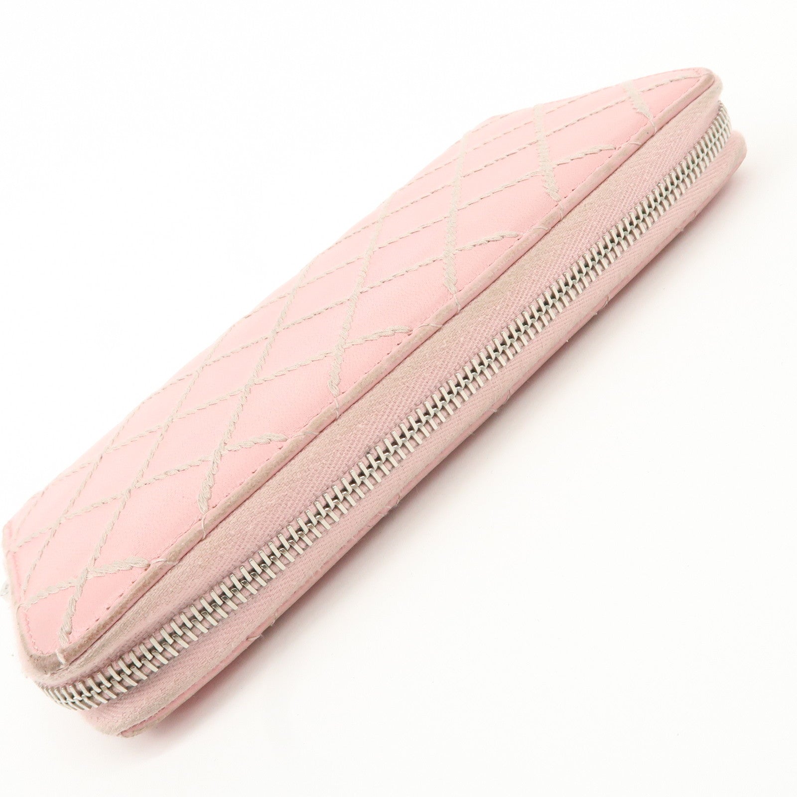 CHANEL Wild Stitch Lamb Skin Round Zipper Long Wallet A80143 Used
