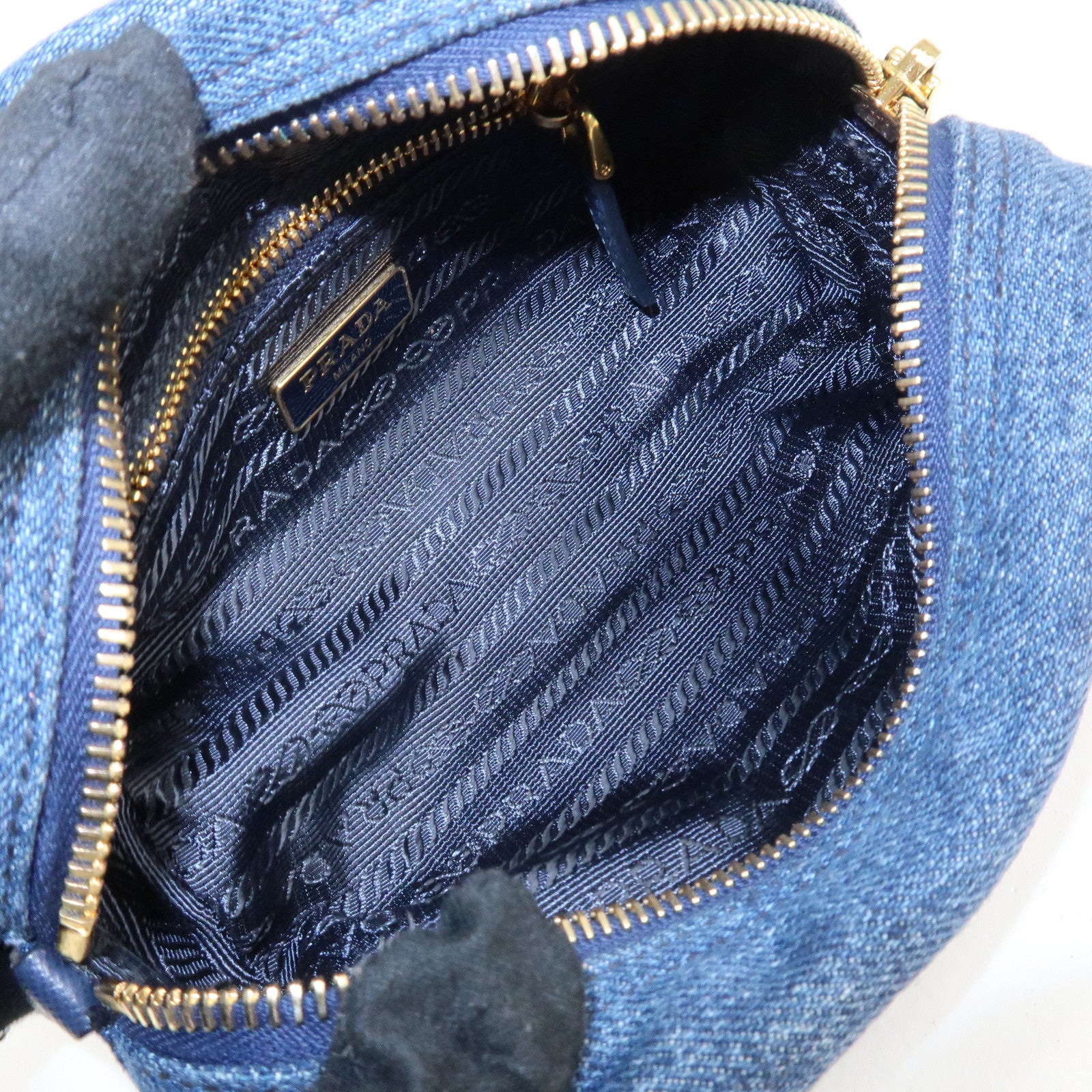 PRADA Triangle Logo Denim Pouch Cosmetic Pouch Blue Used