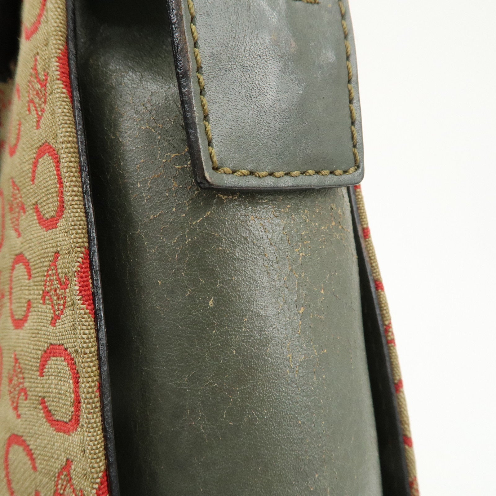 CELINE Macadam Canvas Hand Bag Brown Red Khaki Used