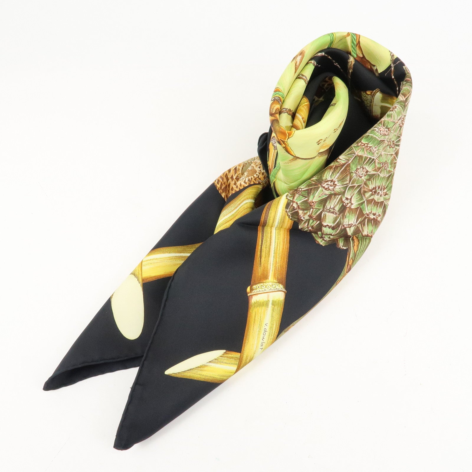 HERMES Silk 100% Carre 90 Scarf Nouvelle Colodonie Black Green Used