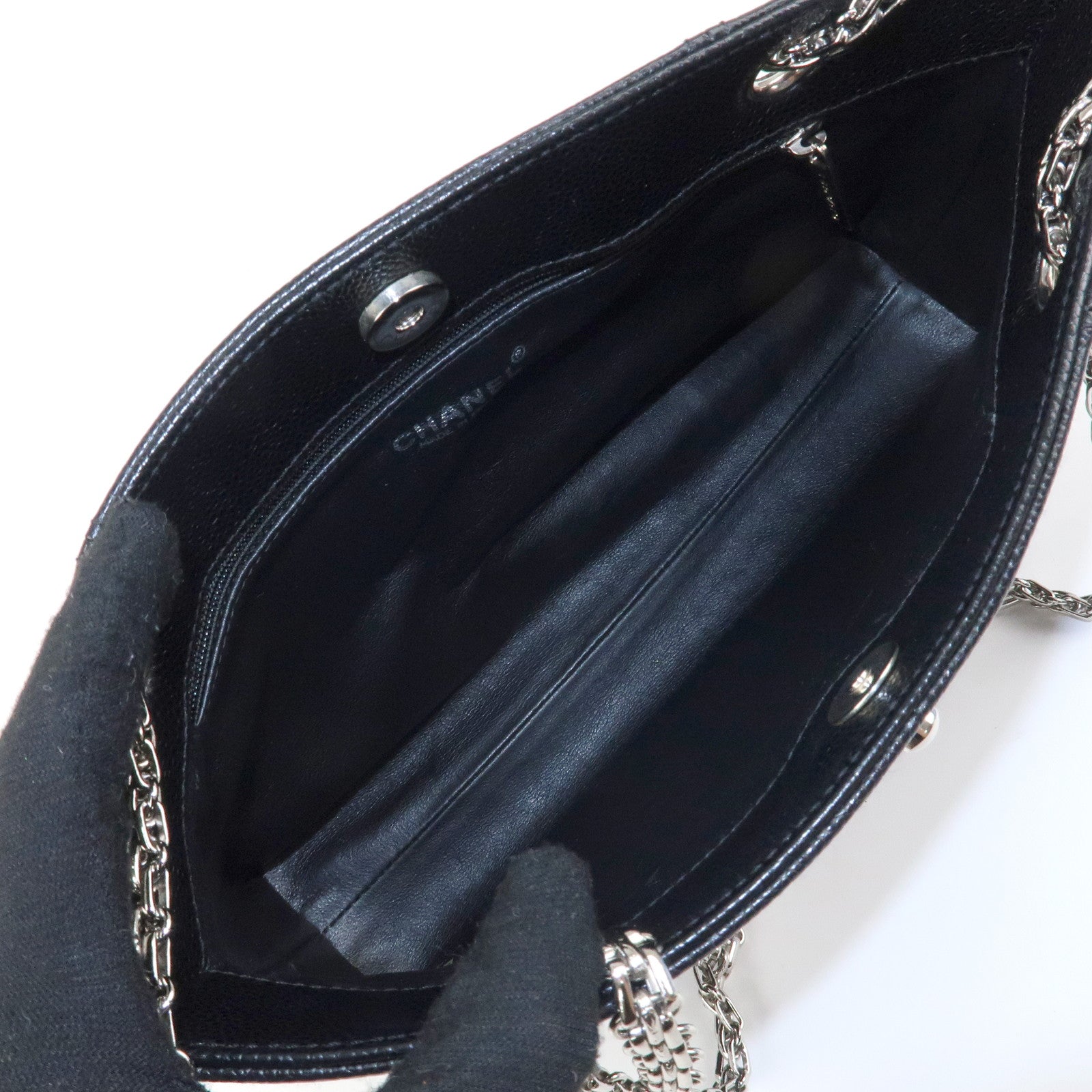 CHANEL Caviar Skin Chain Tote Bag Black Silver Hardware Used