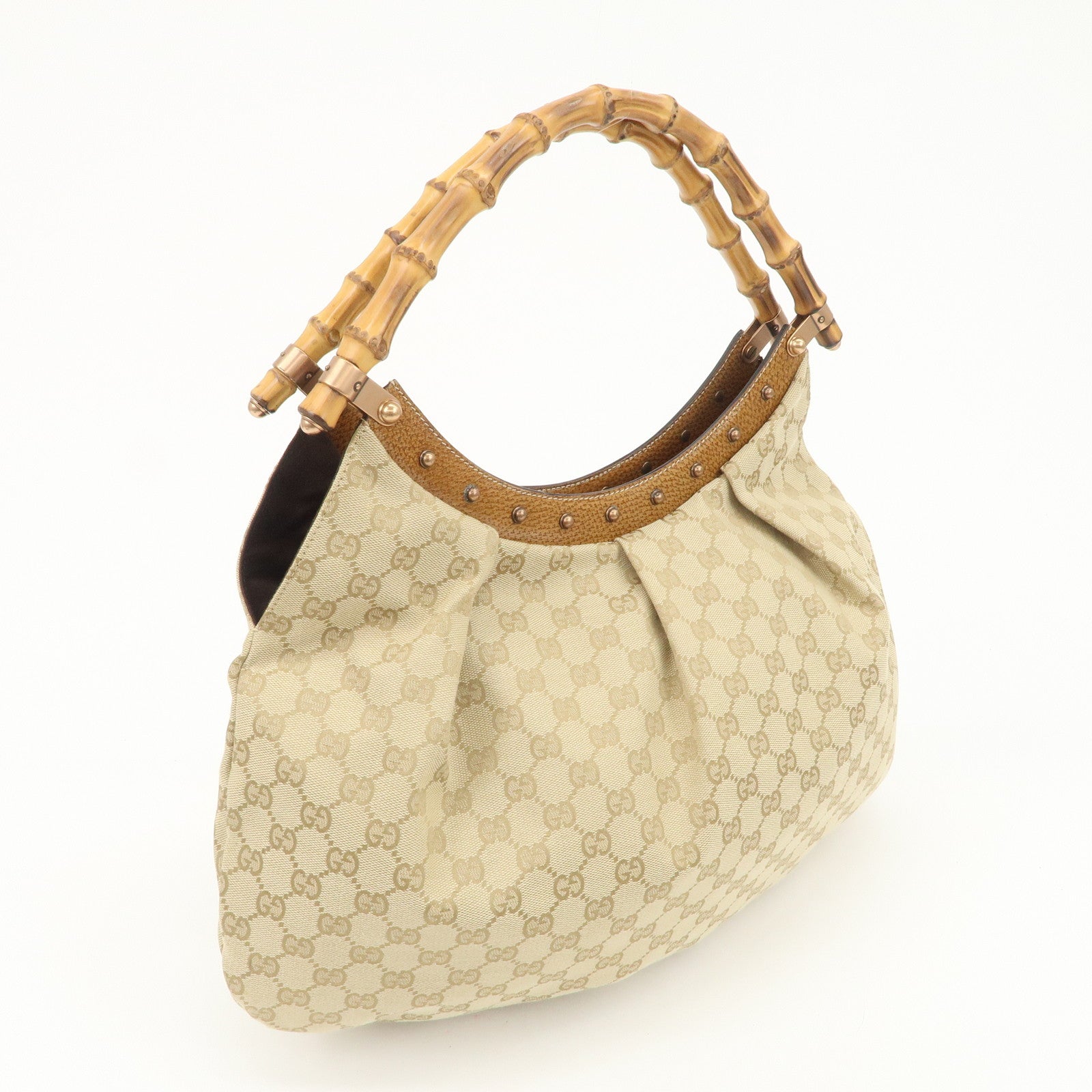 GUCCI Bamboo GG Canvas Shoulder Bag Hand Bag Beige 124293