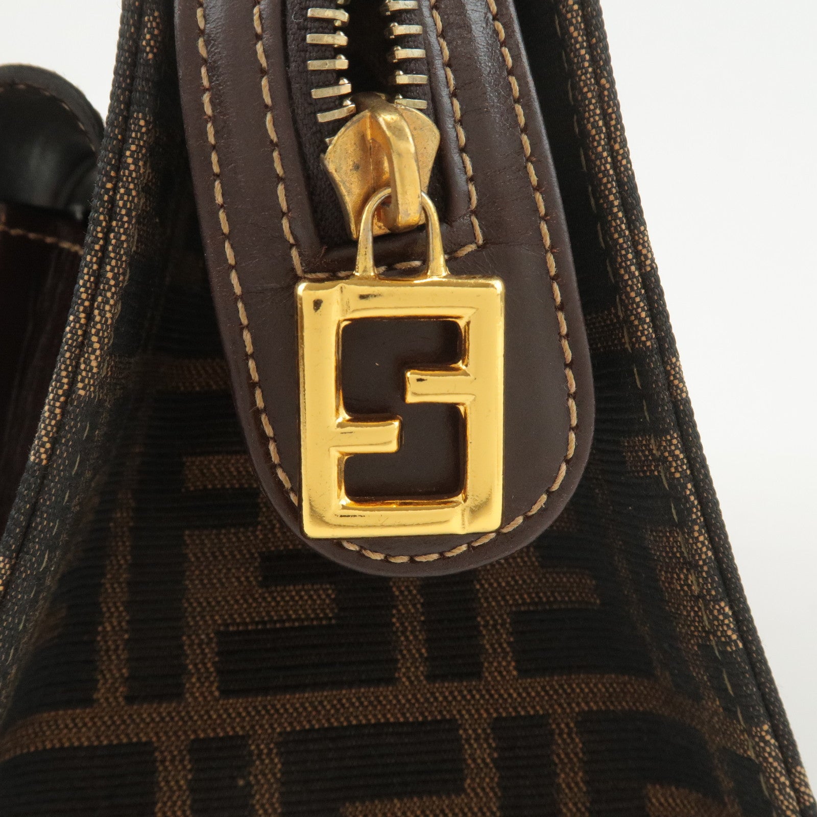 FENDI Zucca Canvas Leather Boston Bag Hand Bag Brown Black Used