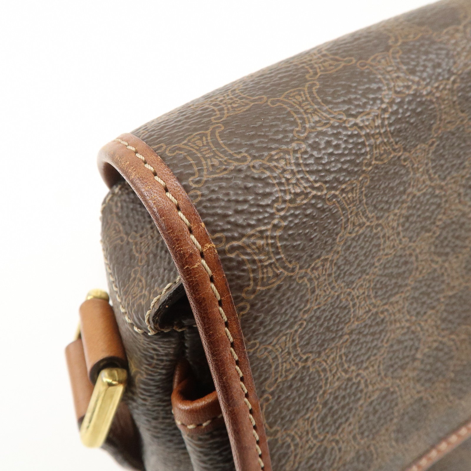 CELINE Macadam PVC Leather Shoulder Bag Brown Gold Hardware Used