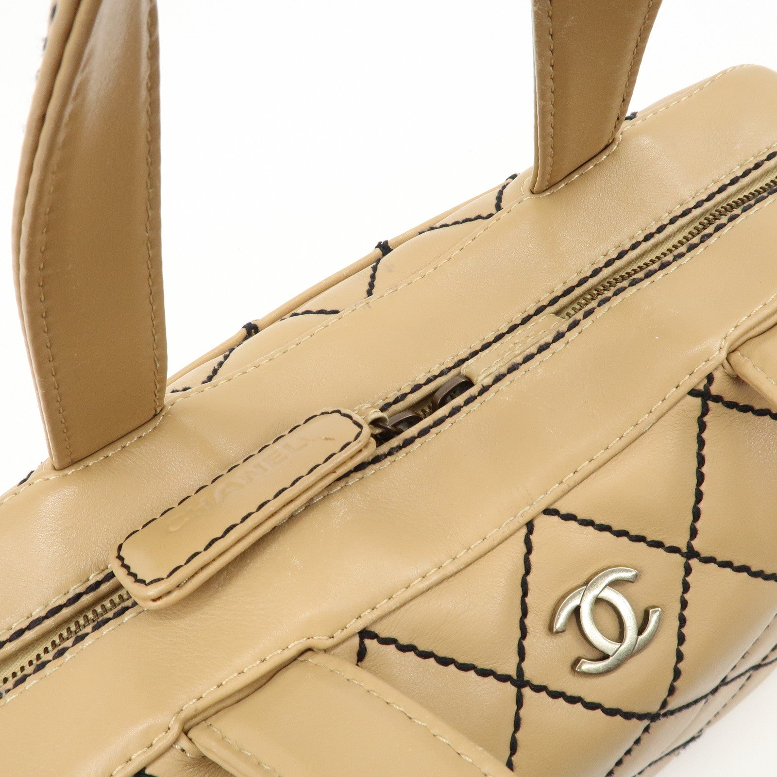 CHANEL Wild Stitch Lamb Skin Coco Mark Hand Bag Beige A14692 Used
