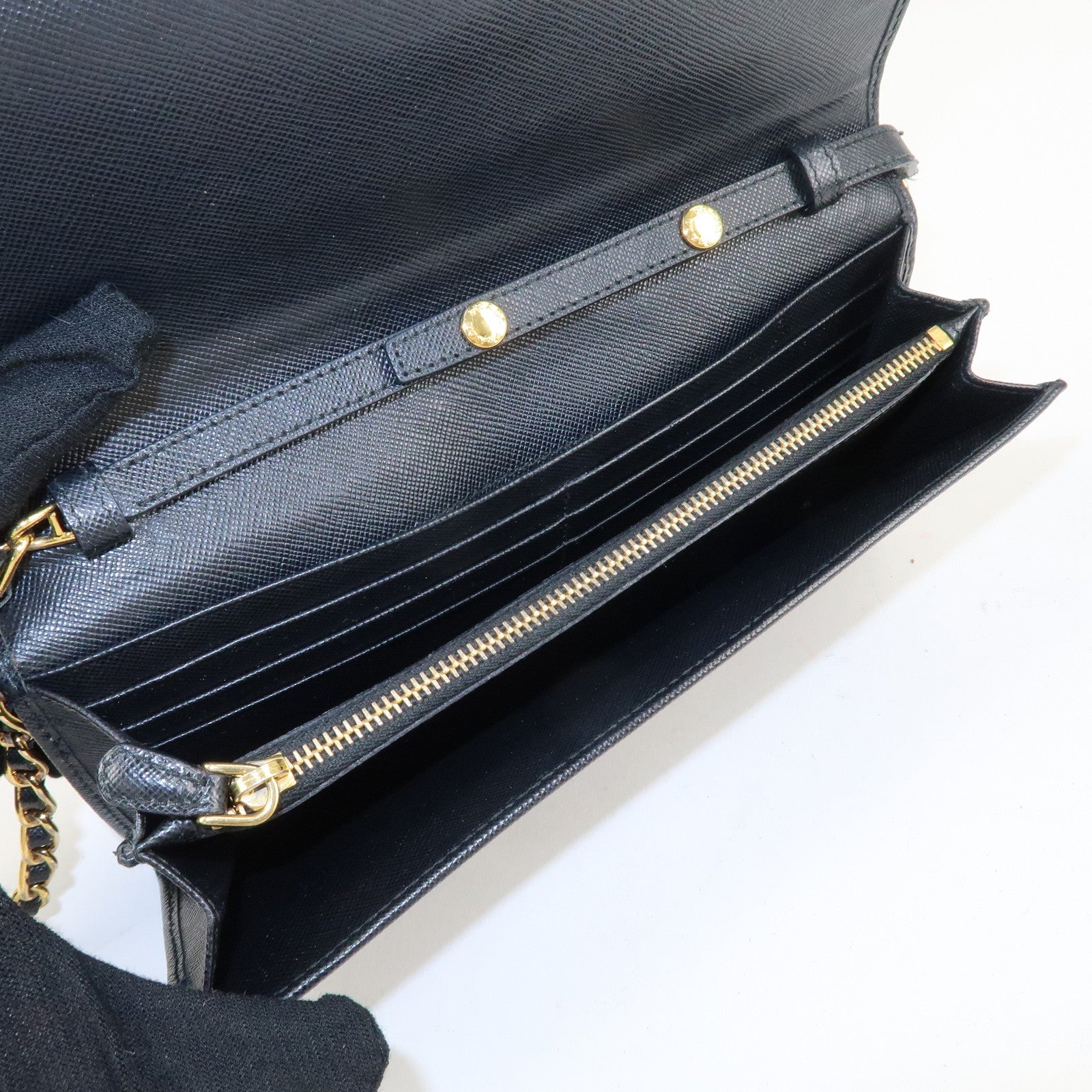PRADA Saffiano Leather Chain Wallet Purse Black 1MT290 Used