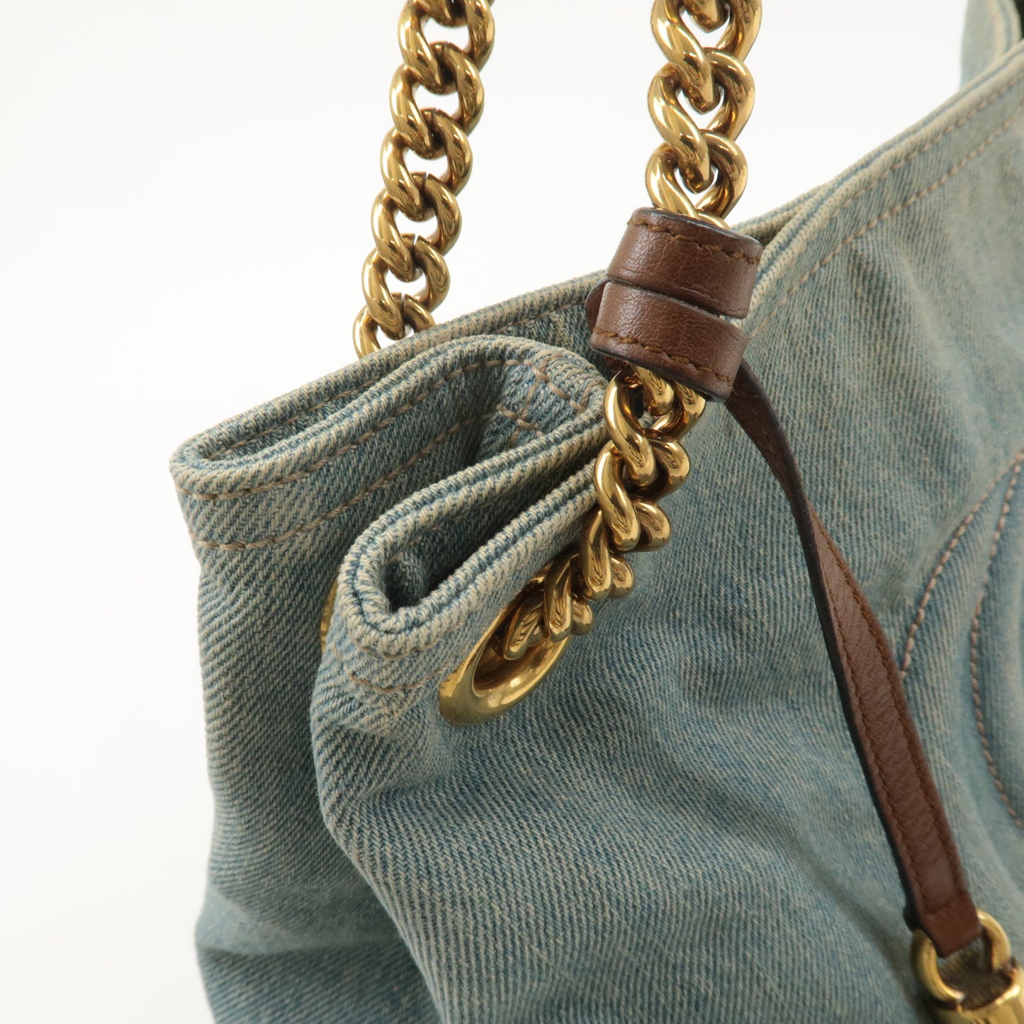 GUCCI SOHO Denim Leather Chain Shoulder Tote Bag Blue 308982